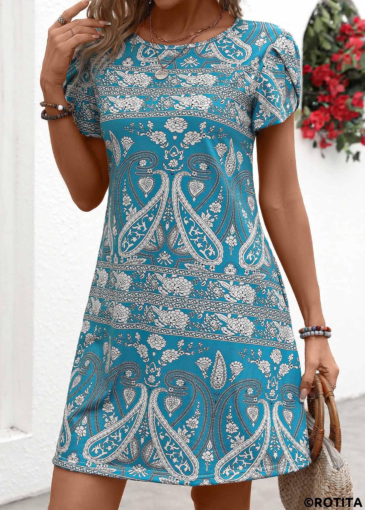 Mint Green dresses,Tribal dresses,Paisley dresses,Floral dresses,Plants dresses,Vacation dresses,Vacation dresses,Tribal Print Mint Green Short Round Neck Dress