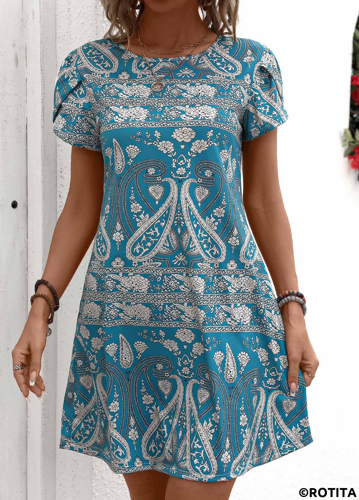 Mint Green dresses,Tribal dresses,Paisley dresses,Floral dresses,Plants dresses,Vacation dresses,Vacation dresses,Tribal Print Mint Green Short Round Neck Dress