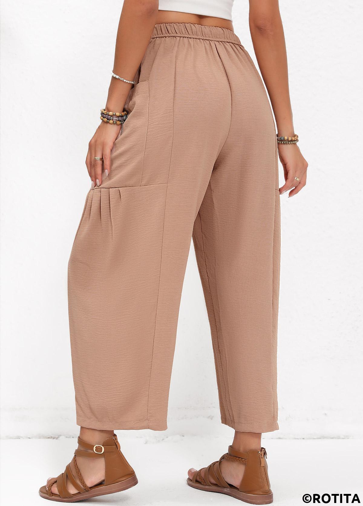Light Coffee bottoms,Plain Color bottoms,Pocket Light Coffee Elastic Waist High Waisted Pants