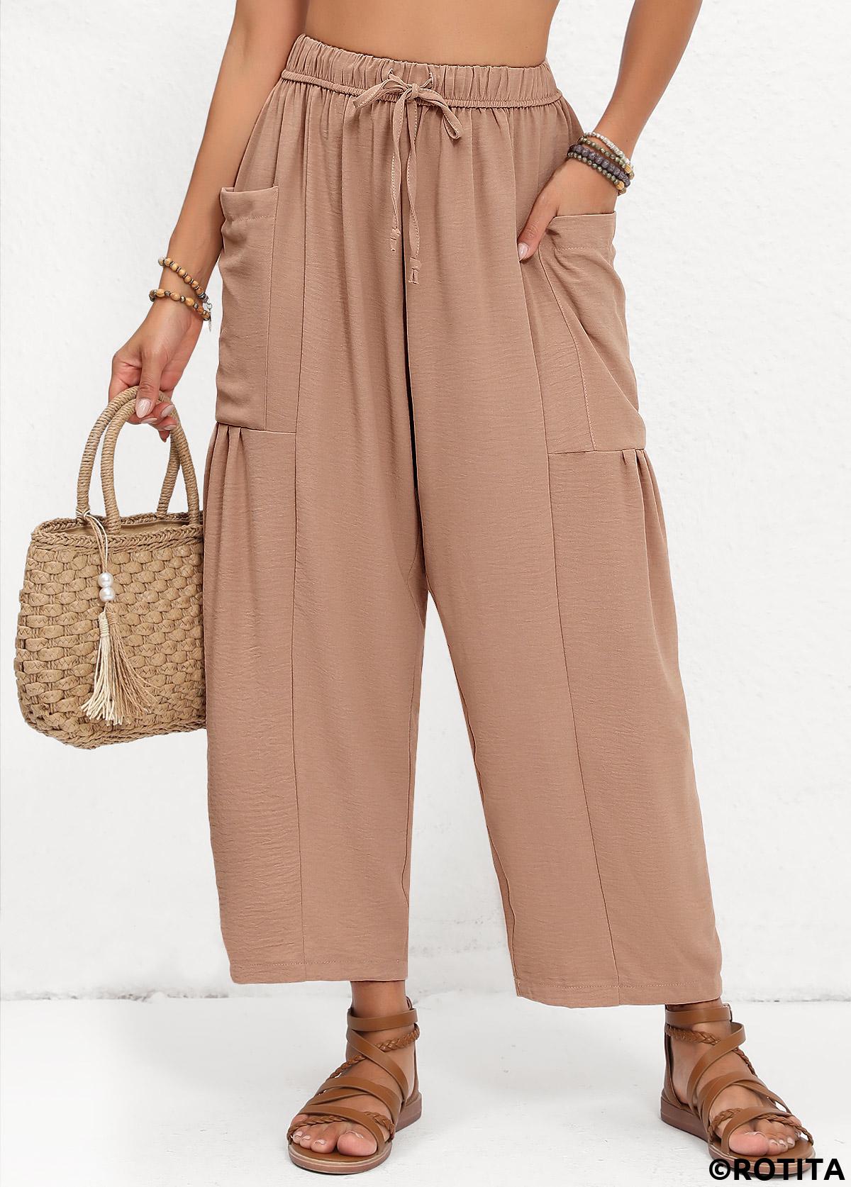 Light Coffee bottoms,Plain Color bottoms,Pocket Light Coffee Elastic Waist High Waisted Pants