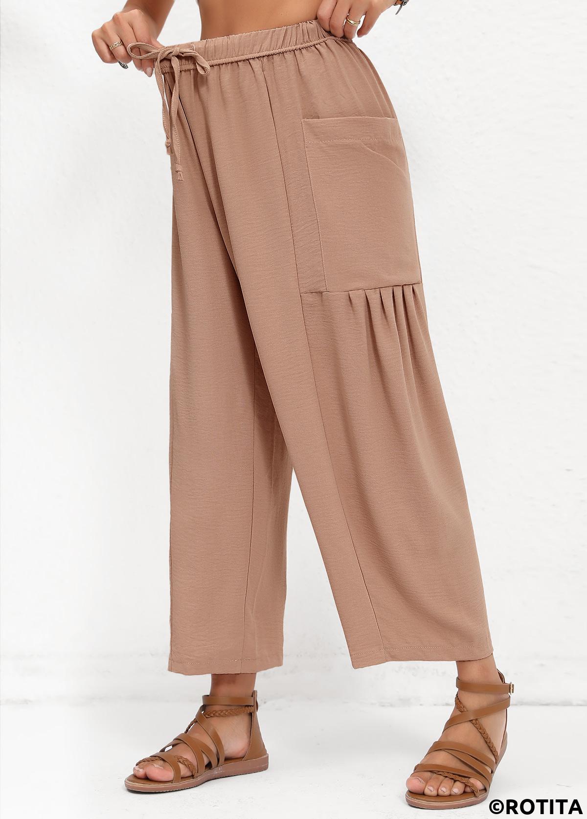 Light Coffee bottoms,Plain Color bottoms,Pocket Light Coffee Elastic Waist High Waisted Pants