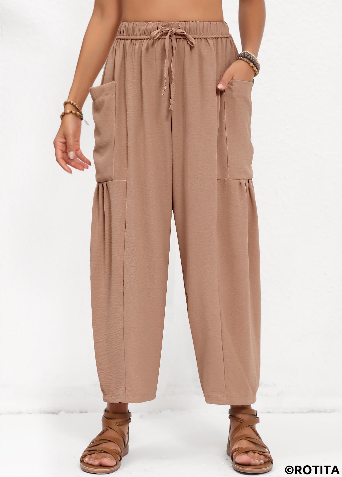 Light Coffee bottoms,Plain Color bottoms,Pocket Light Coffee Elastic Waist High Waisted Pants