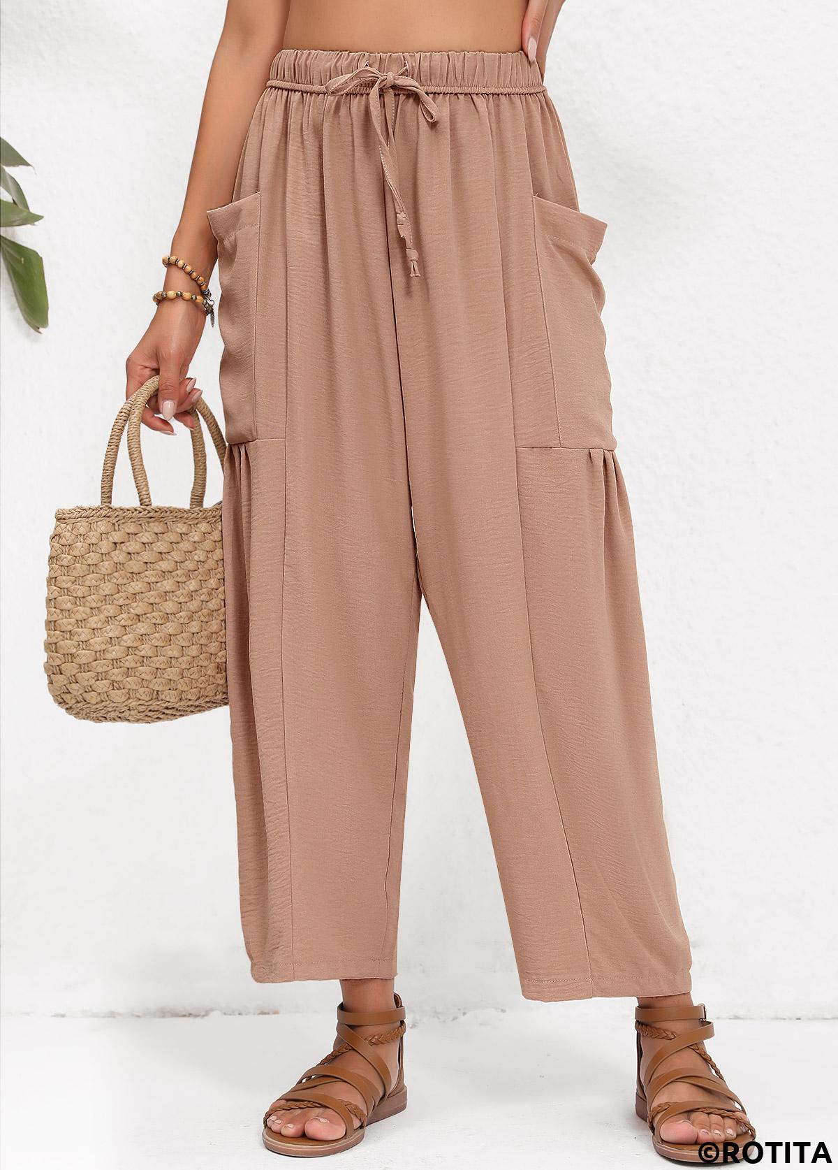 Light Coffee bottoms,Plain Color bottoms,Pocket Light Coffee Elastic Waist High Waisted Pants