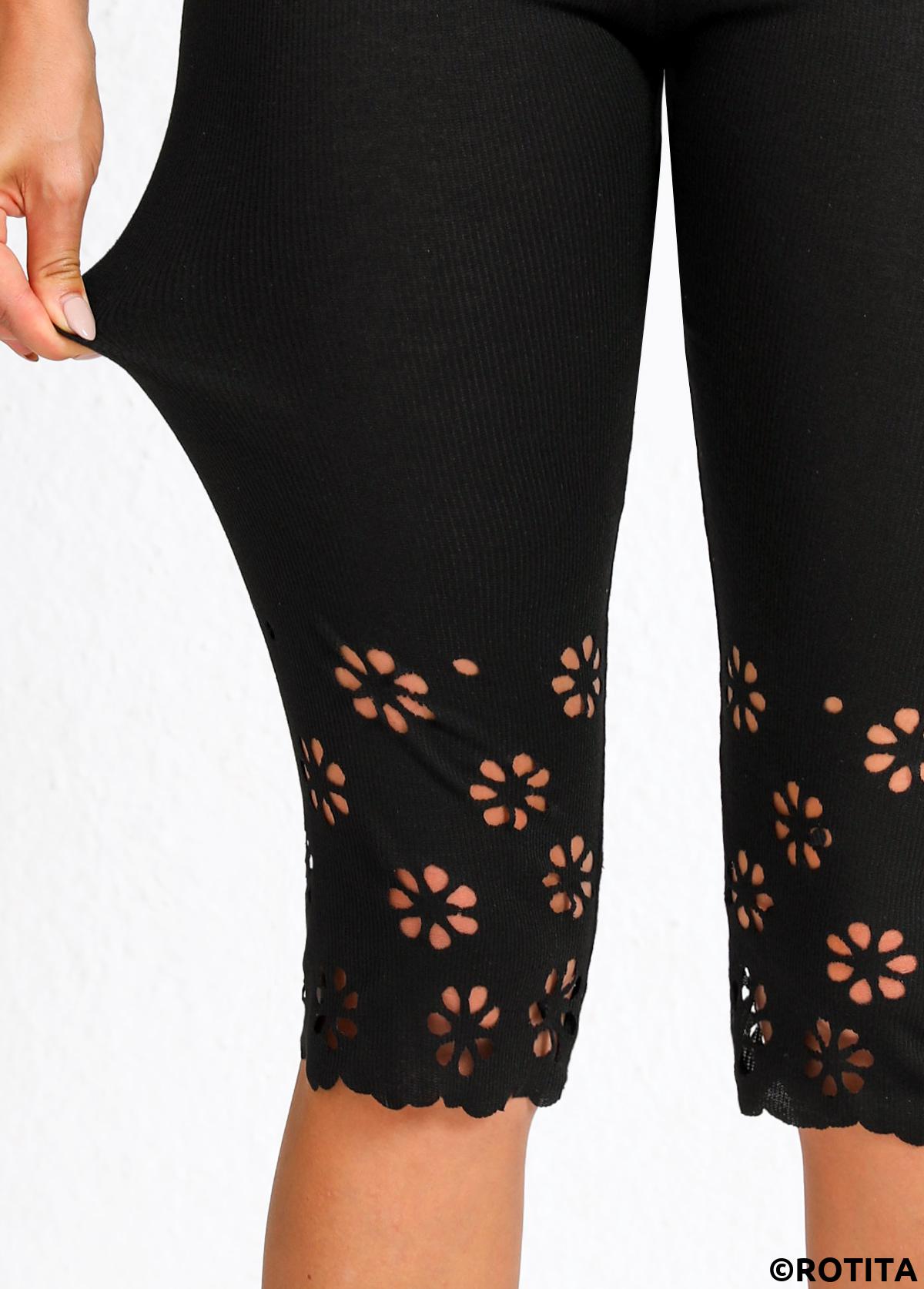 Black bottoms,Plain Color bottoms,Black Mid Waisted Elastic Waist Capri Leggings
