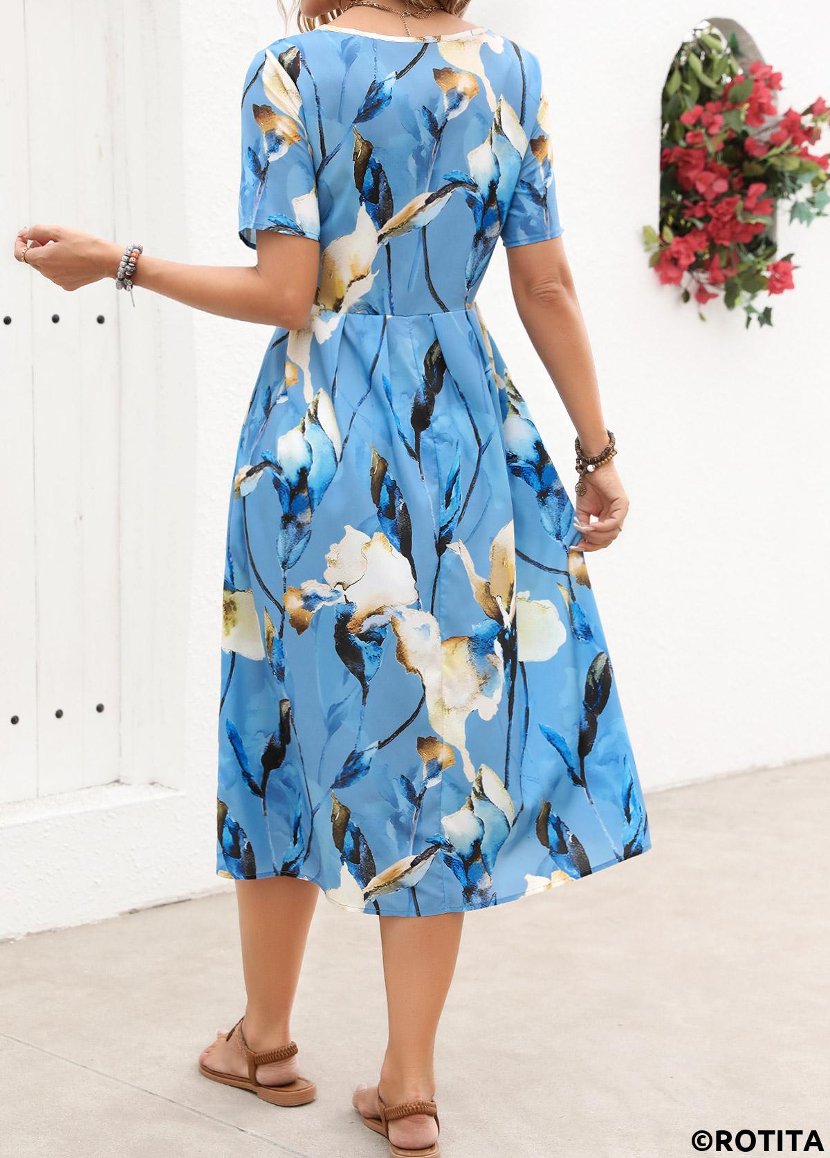 Pleated Floral Print Light Blue Round Neck Dress