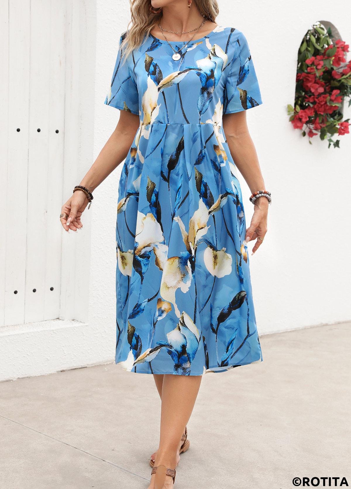 Pleated Floral Print Light Blue Round Neck Dress