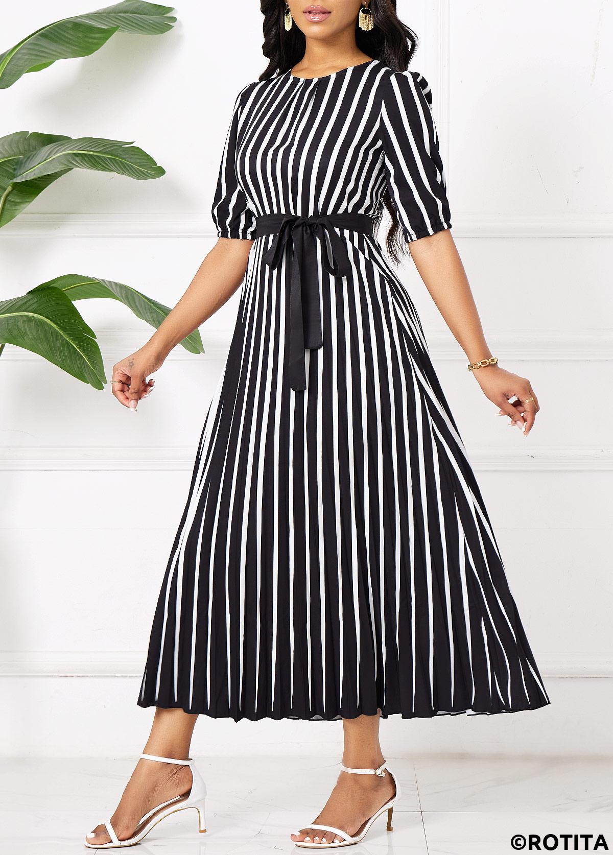 Black dresses,Striped dresses,Geometric dresses,Party dresses,Elegant dresses,Umbrella Hem Striped Black Belted Maxi Round Neck Dress