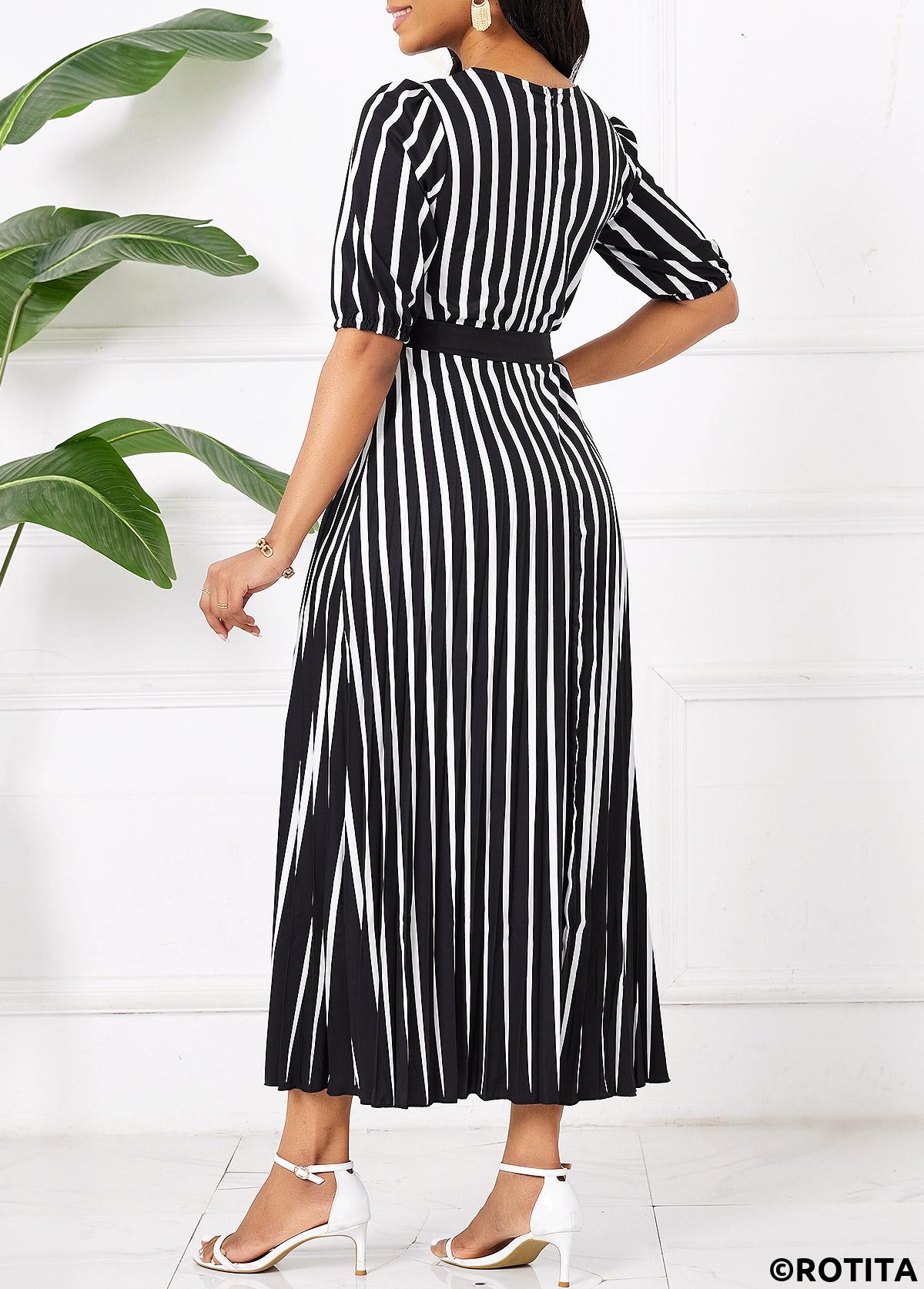 Black dresses,Striped dresses,Geometric dresses,Party dresses,Elegant dresses,Umbrella Hem Striped Black Belted Maxi Round Neck Dress