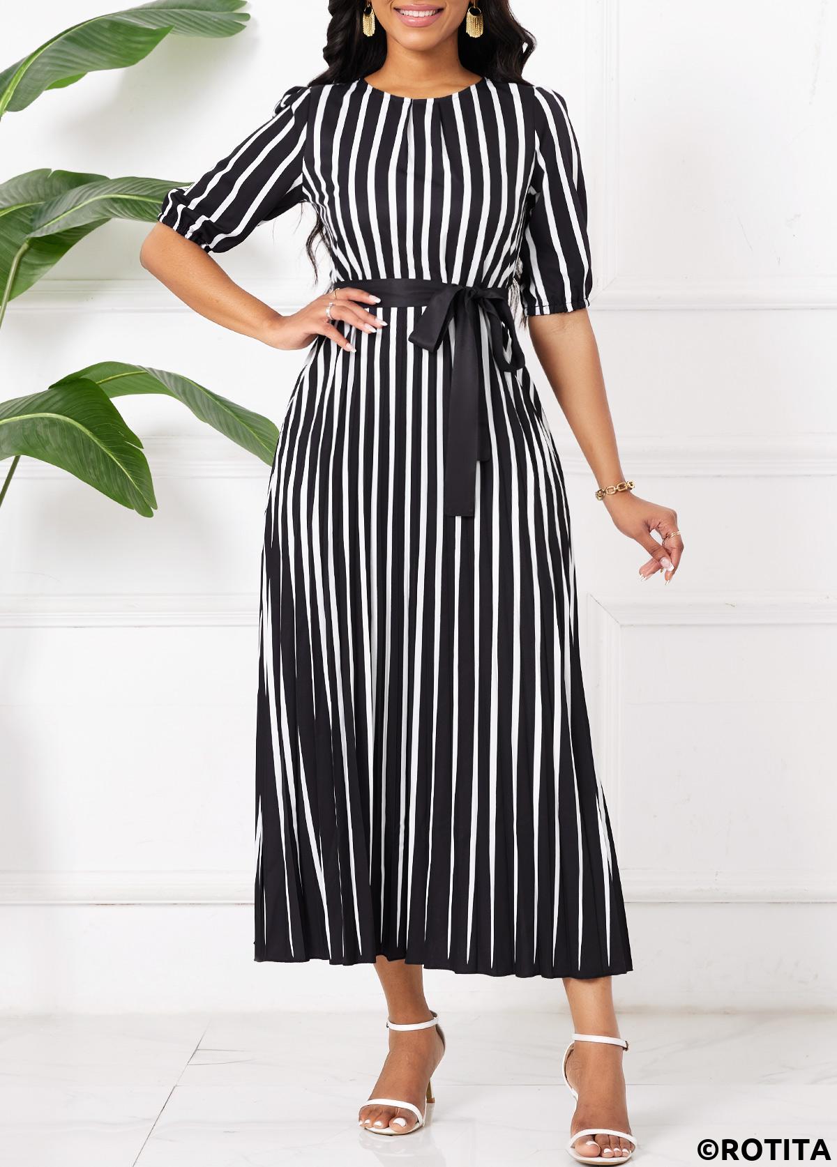 Black dresses,Striped dresses,Geometric dresses,Party dresses,Elegant dresses,Umbrella Hem Striped Black Belted Maxi Round Neck Dress