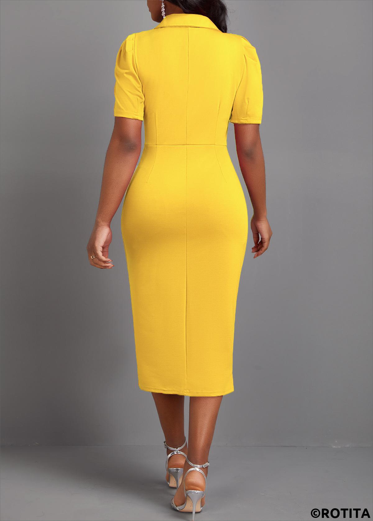 Yellow dresses,Plain Color dresses,Party dresses,Elegant dresses,ROTITA Button Yellow Turn Down Collar Bodycon Dress