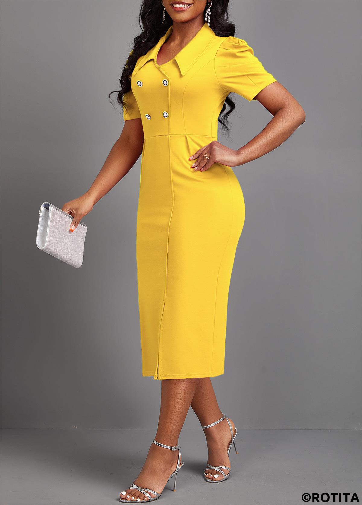 Yellow dresses,Plain Color dresses,Party dresses,Elegant dresses,ROTITA Button Yellow Turn Down Collar Bodycon Dress