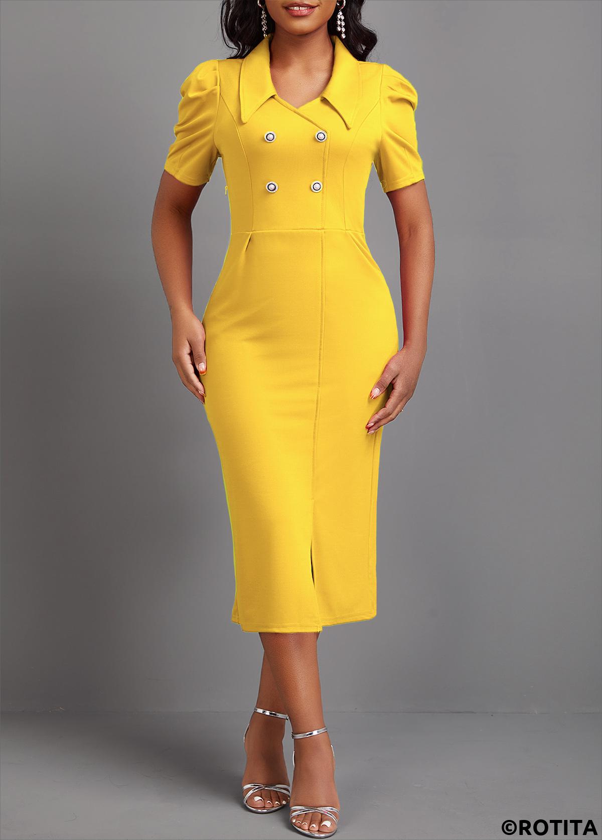 Yellow dresses,Plain Color dresses,Party dresses,Elegant dresses,ROTITA Button Yellow Turn Down Collar Bodycon Dress