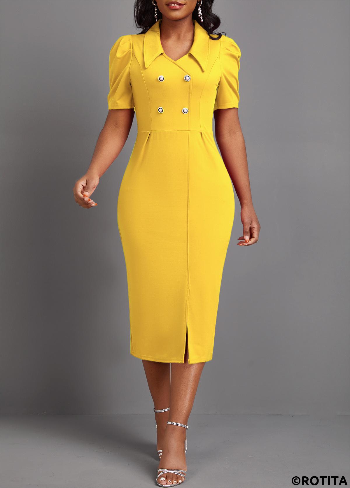 Yellow dresses,Plain Color dresses,Party dresses,Elegant dresses,ROTITA Button Yellow Turn Down Collar Bodycon Dress