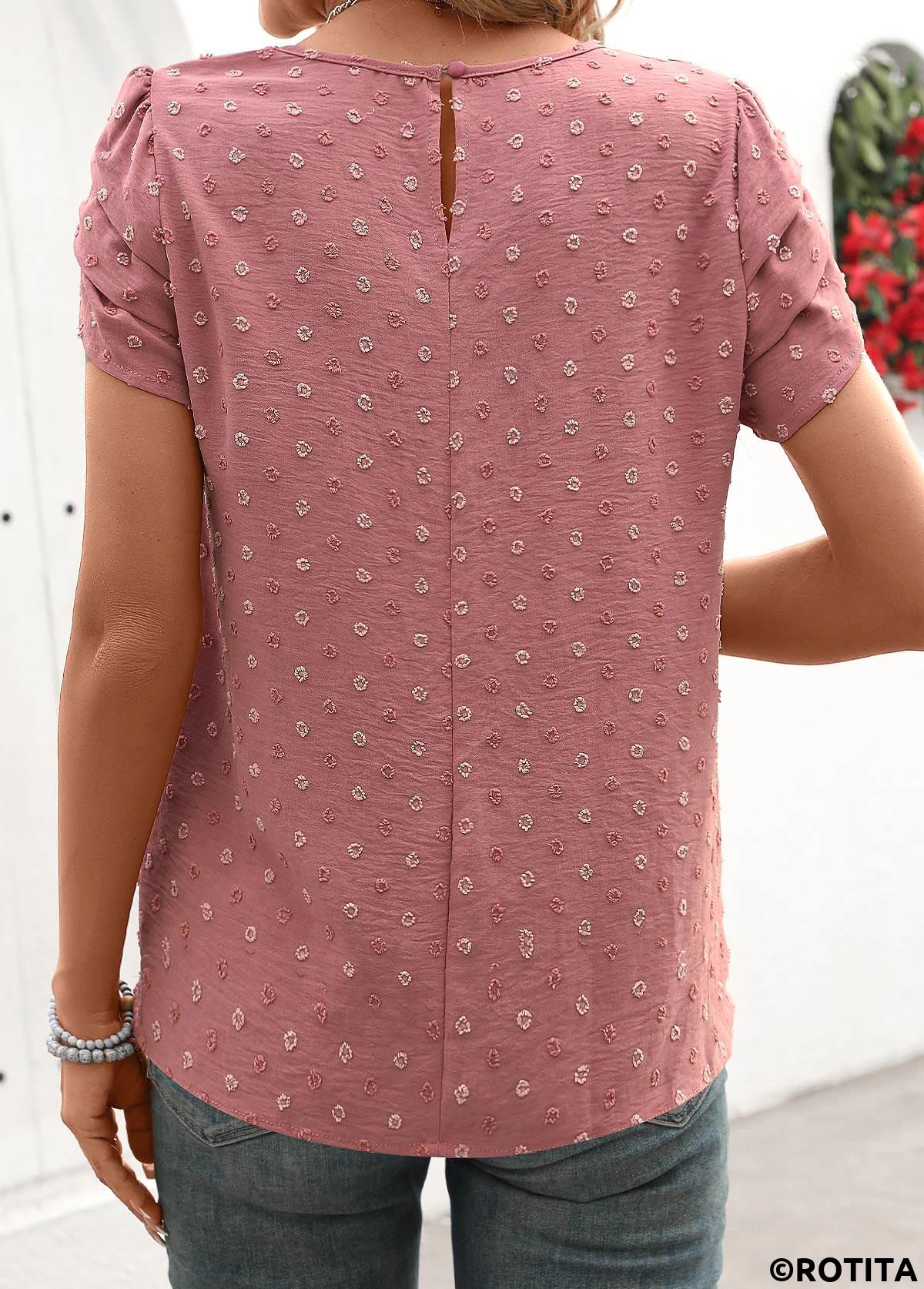 Jacquard-Bluse mit Rundhalsausschnitt und kurzen Ärmeln in Dunkelrot-Lila