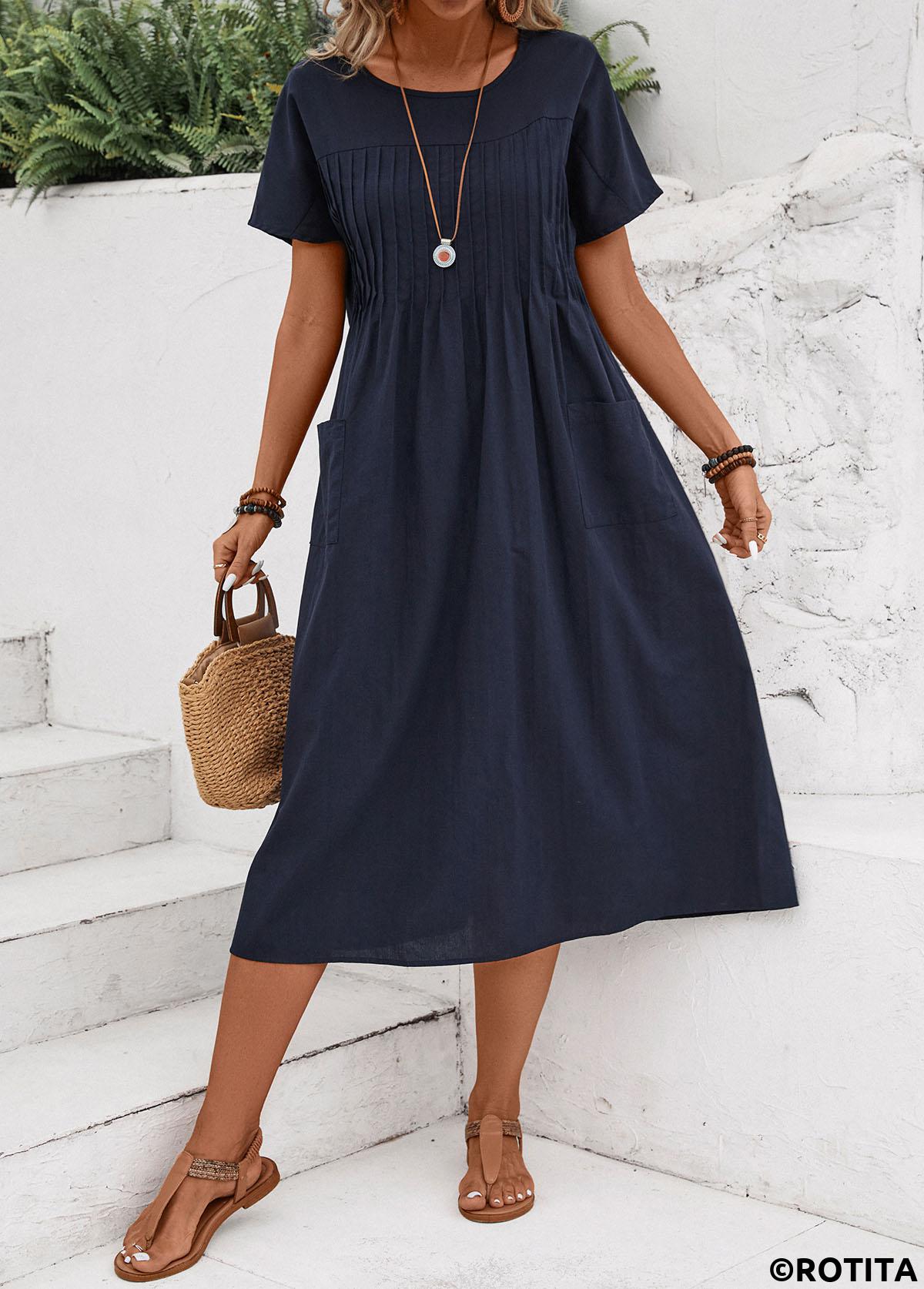 Navy dresses,Plain Color dresses,Everyday dresses,Casual dresses,Tuck Stitch Navy Round Neck Short Sleeve Dress