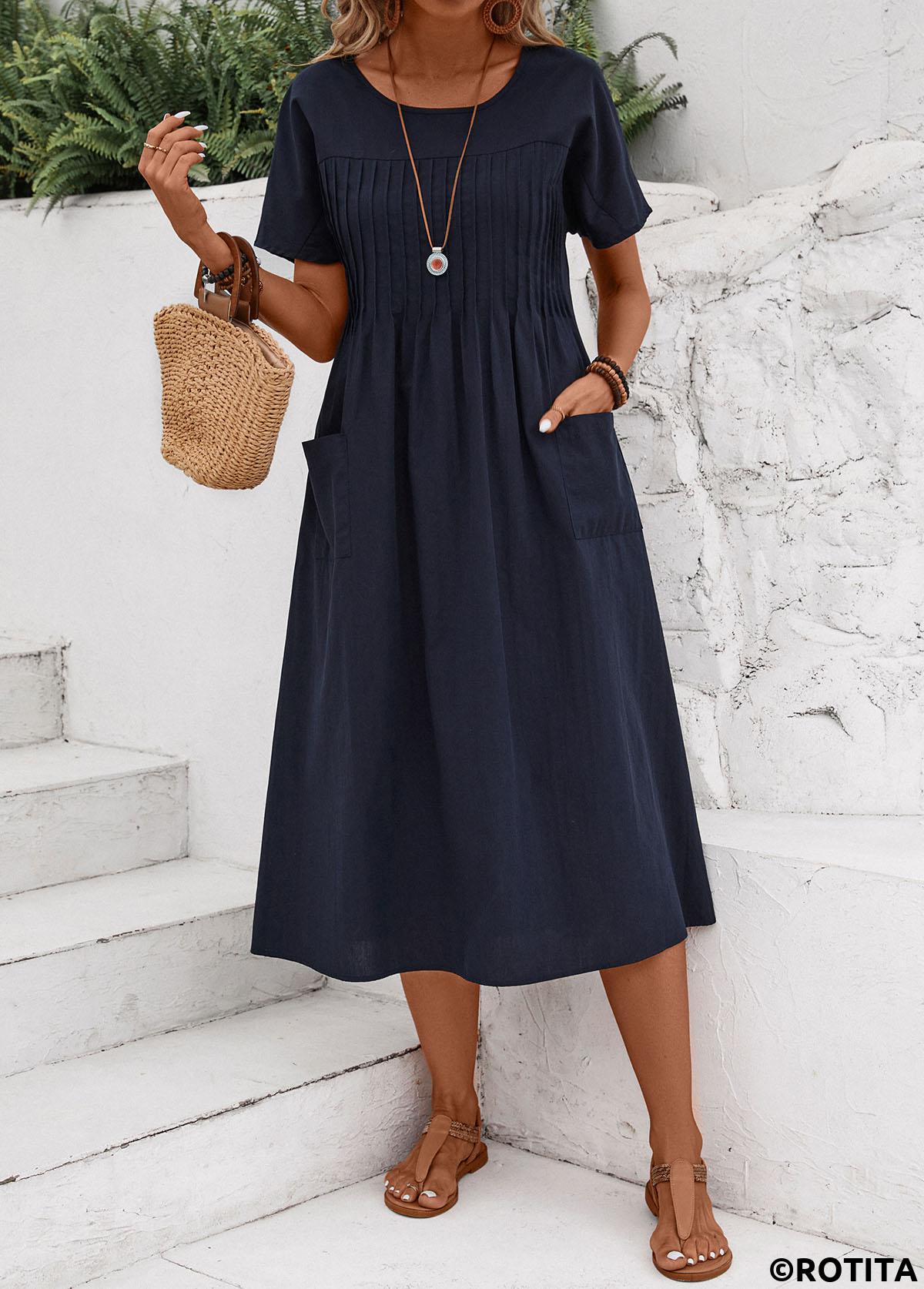Navy dresses,Plain Color dresses,Everyday dresses,Casual dresses,Tuck Stitch Navy Round Neck Short Sleeve Dress