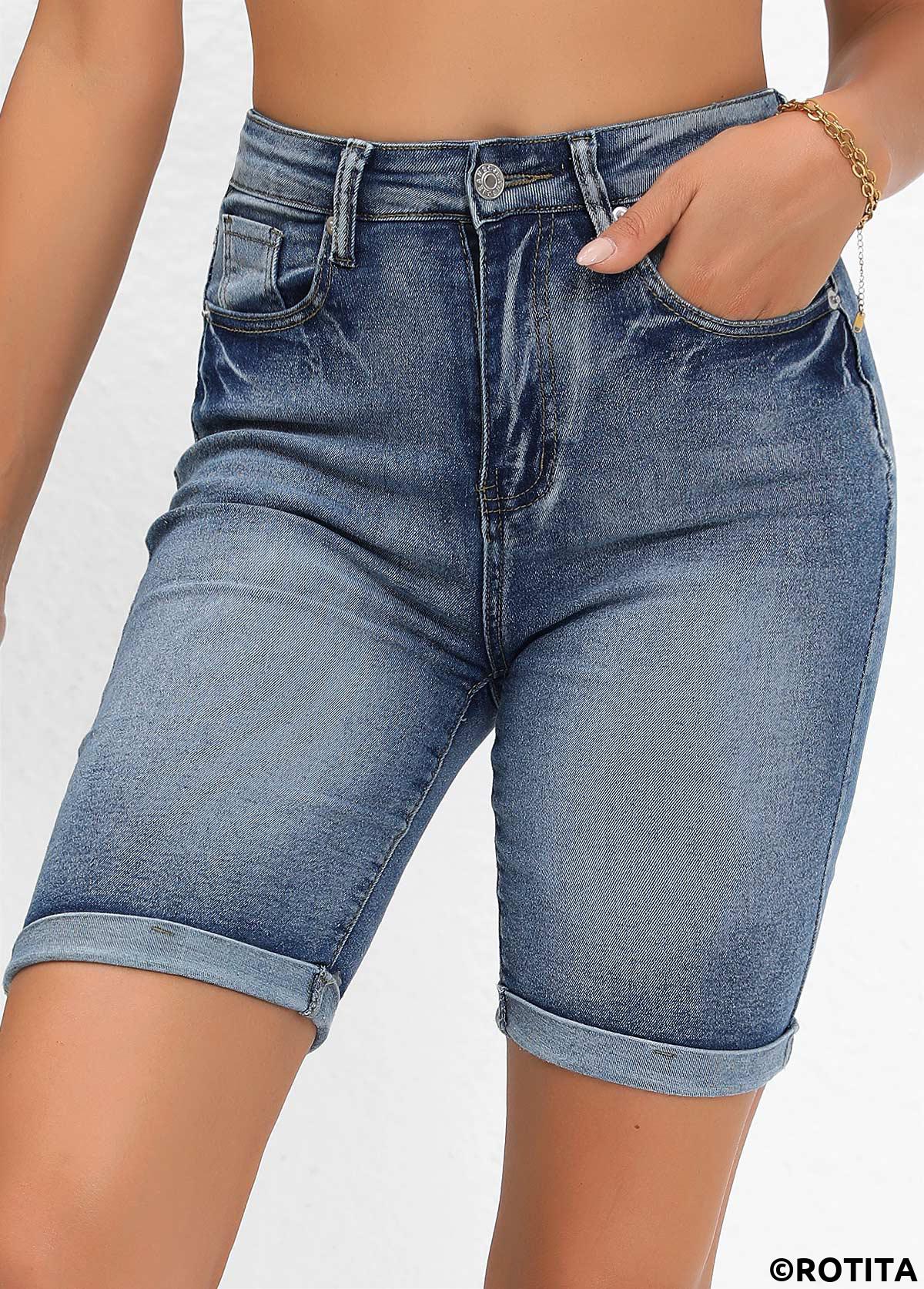 Denim Blue bottoms,Plain Color bottoms,Pocket Denim Blue Skinny Button Fly High Waisted Shorts