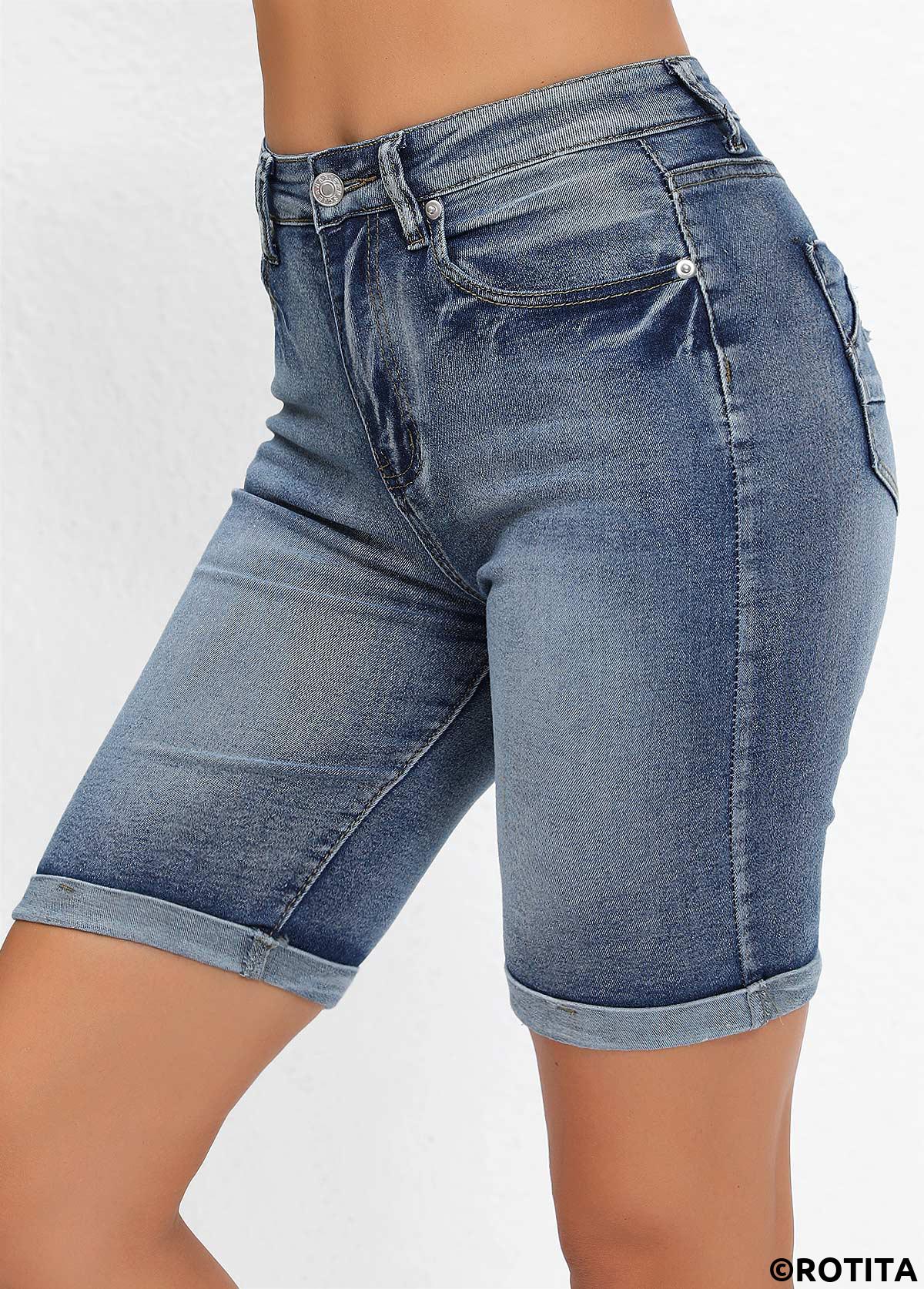 Denim Blue bottoms,Plain Color bottoms,Pocket Denim Blue Skinny Button Fly High Waisted Shorts