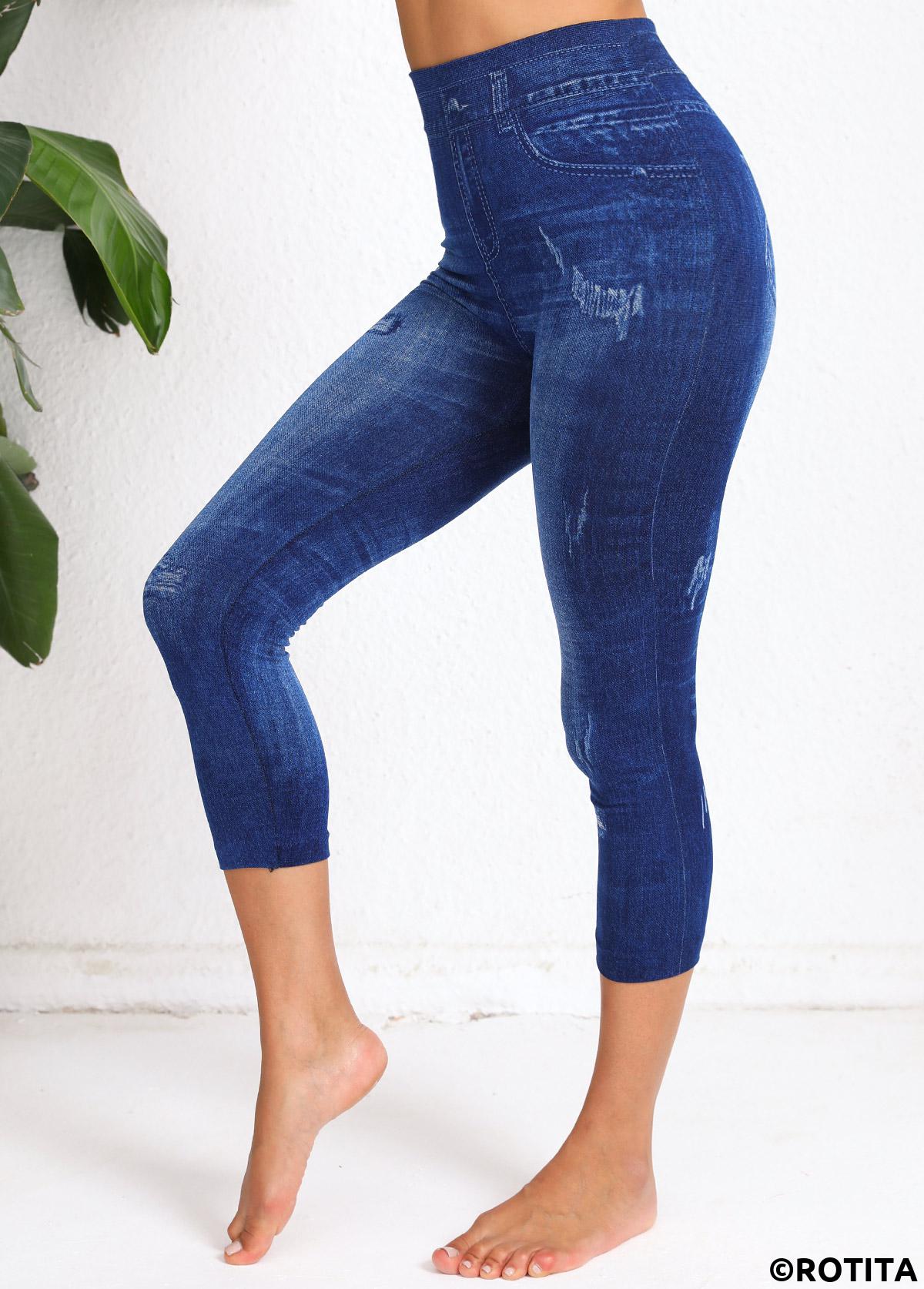 Denim Blue bottoms,Denim-Effect Print bottoms,Denim-effect Print Denim Blue High Waisted Elastic Waist Leggings