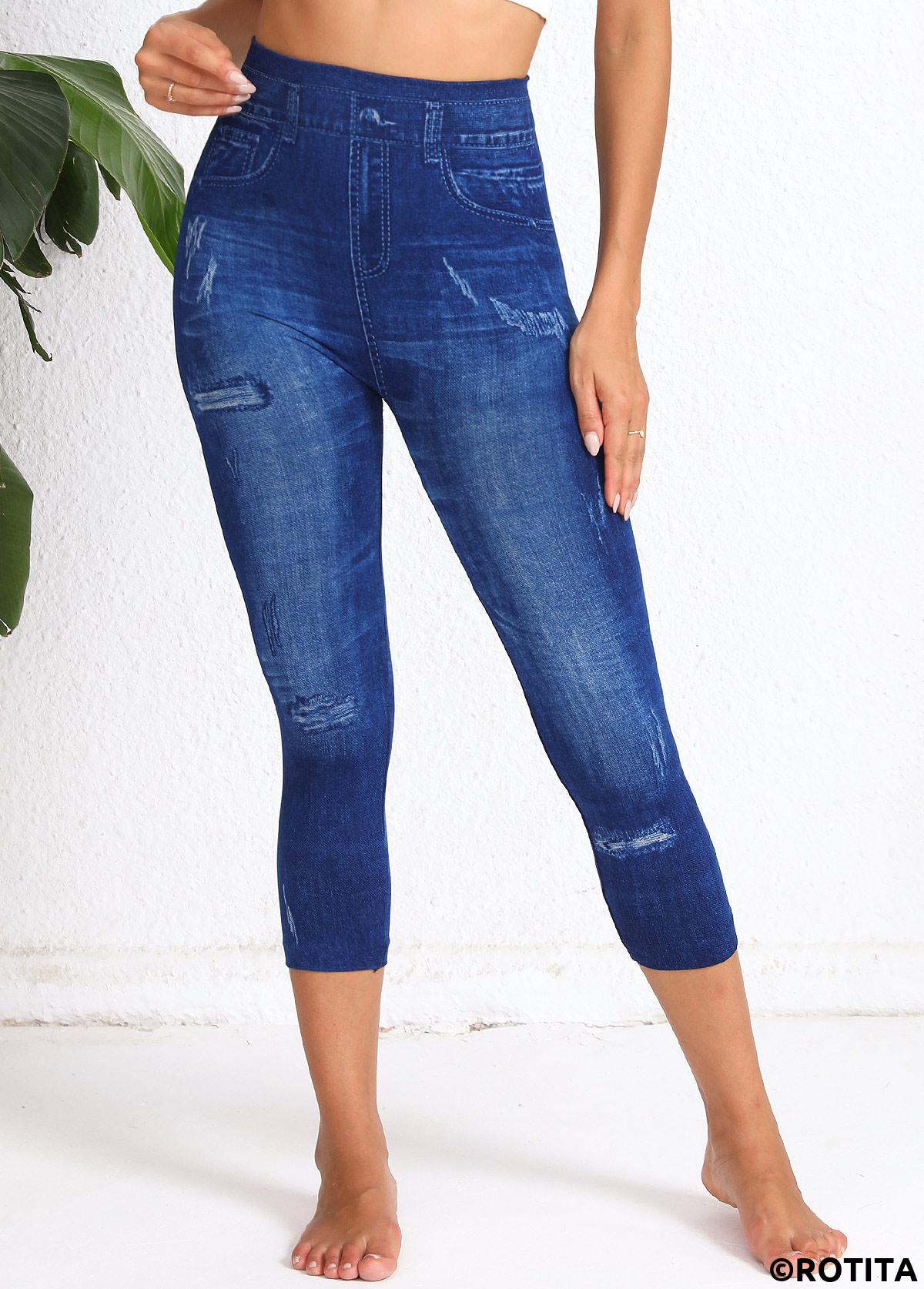 Denim Blue bottoms,Denim-Effect Print bottoms,Denim-effect Print Denim Blue High Waisted Elastic Waist Leggings