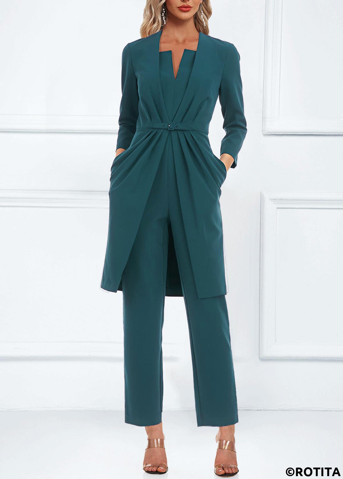 Turquoise jumpsuits&rompers,Plain Color jumpsuits&rompers,ROTITA Pocket Ankle Length Split Neck Turquoise Jumpsuit and Cardigan