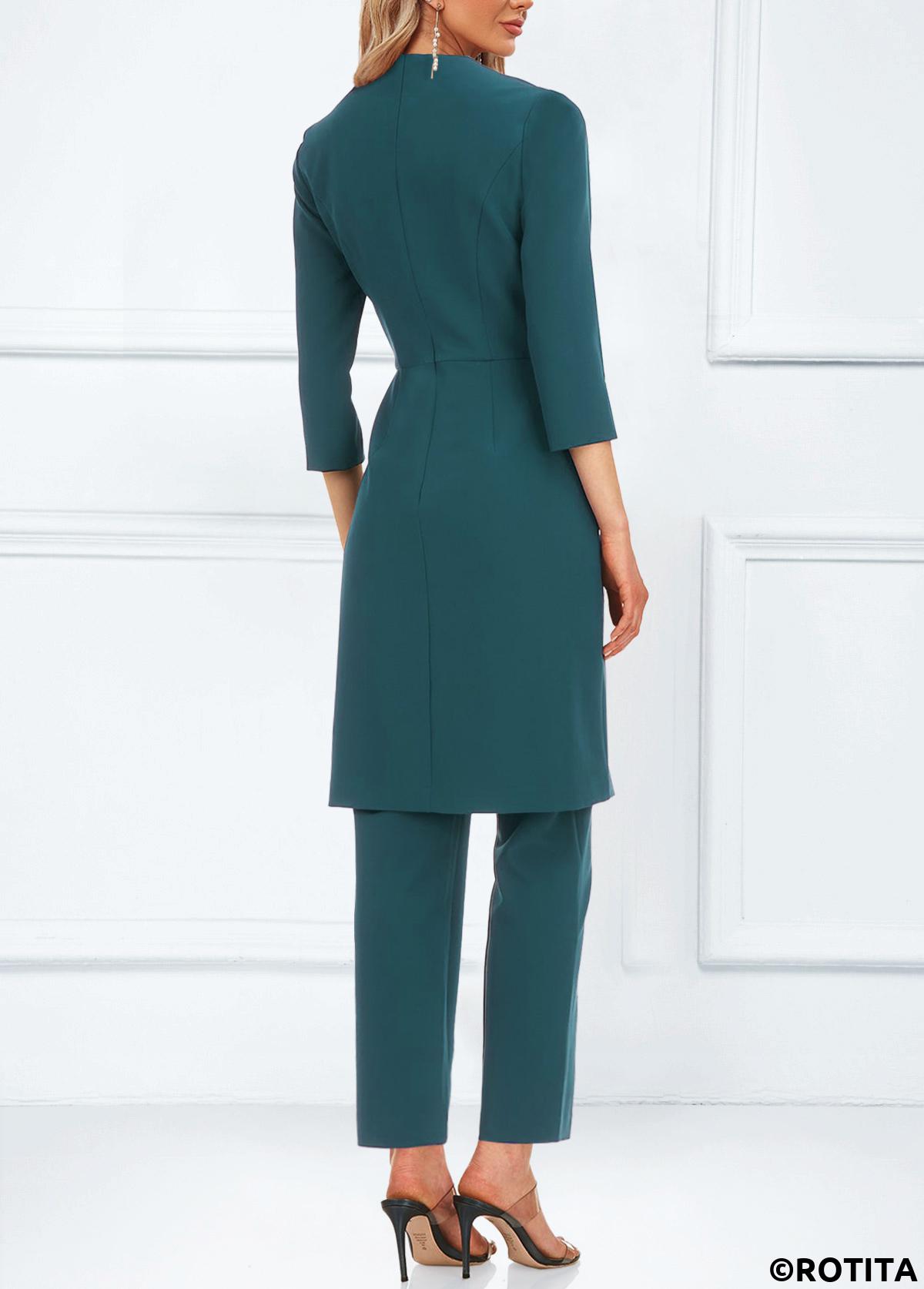 Turquoise jumpsuits&rompers,Plain Color jumpsuits&rompers,ROTITA Pocket Ankle Length Split Neck Turquoise Jumpsuit and Cardigan