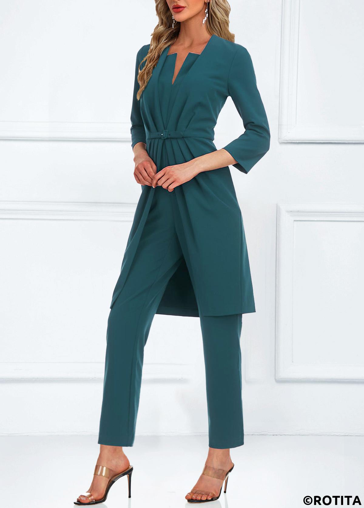 Turquoise jumpsuits&rompers,Plain Color jumpsuits&rompers,ROTITA Pocket Ankle Length Split Neck Turquoise Jumpsuit and Cardigan