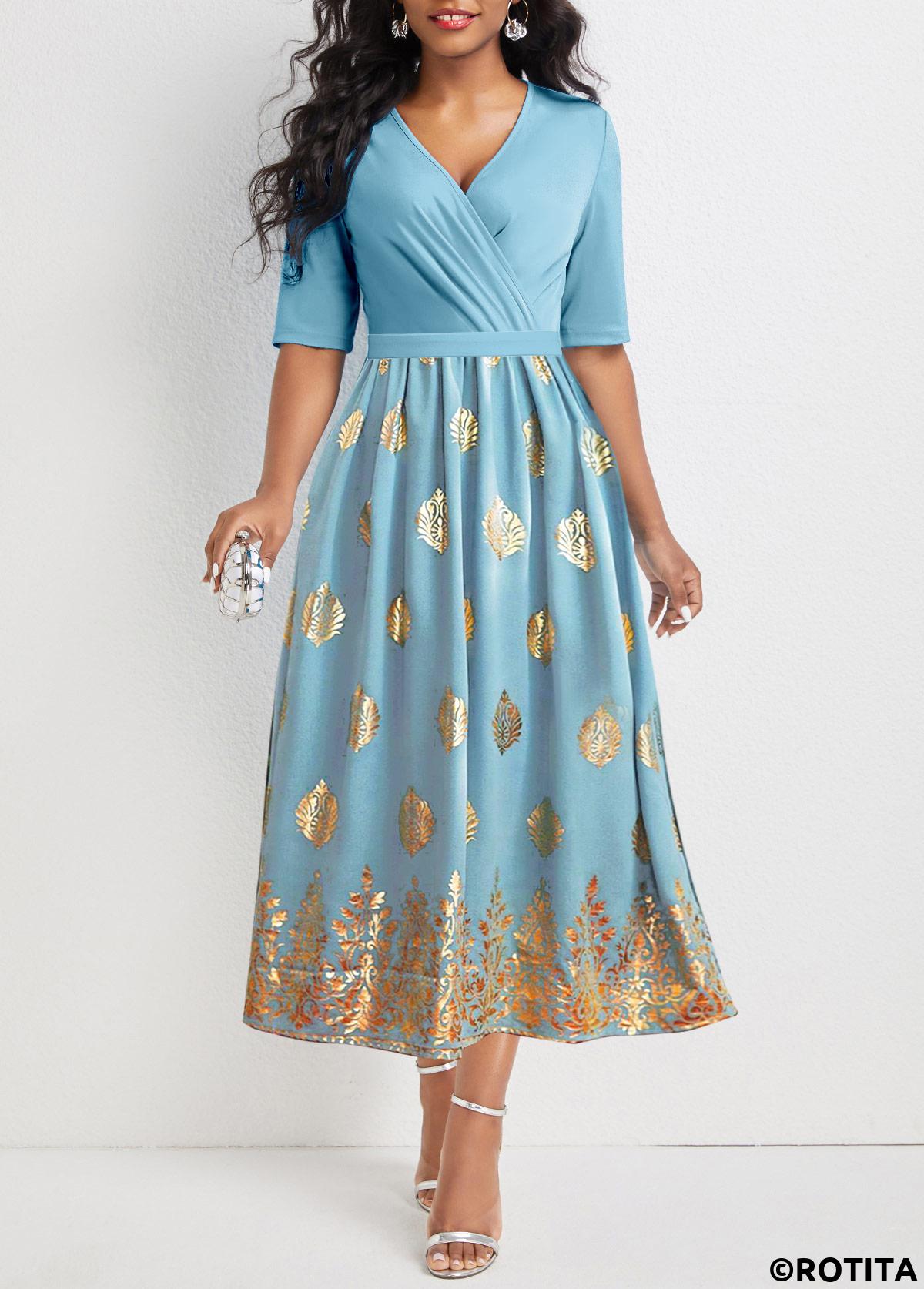 ROTITA Surplice Tribal Print Light Blue V Neck Dress