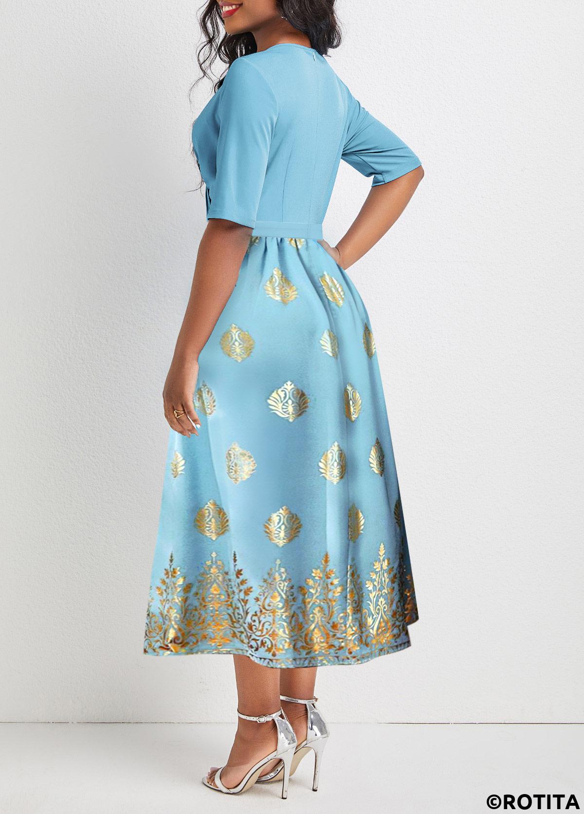ROTITA Surplice Tribal Print Light Blue V Neck Dress