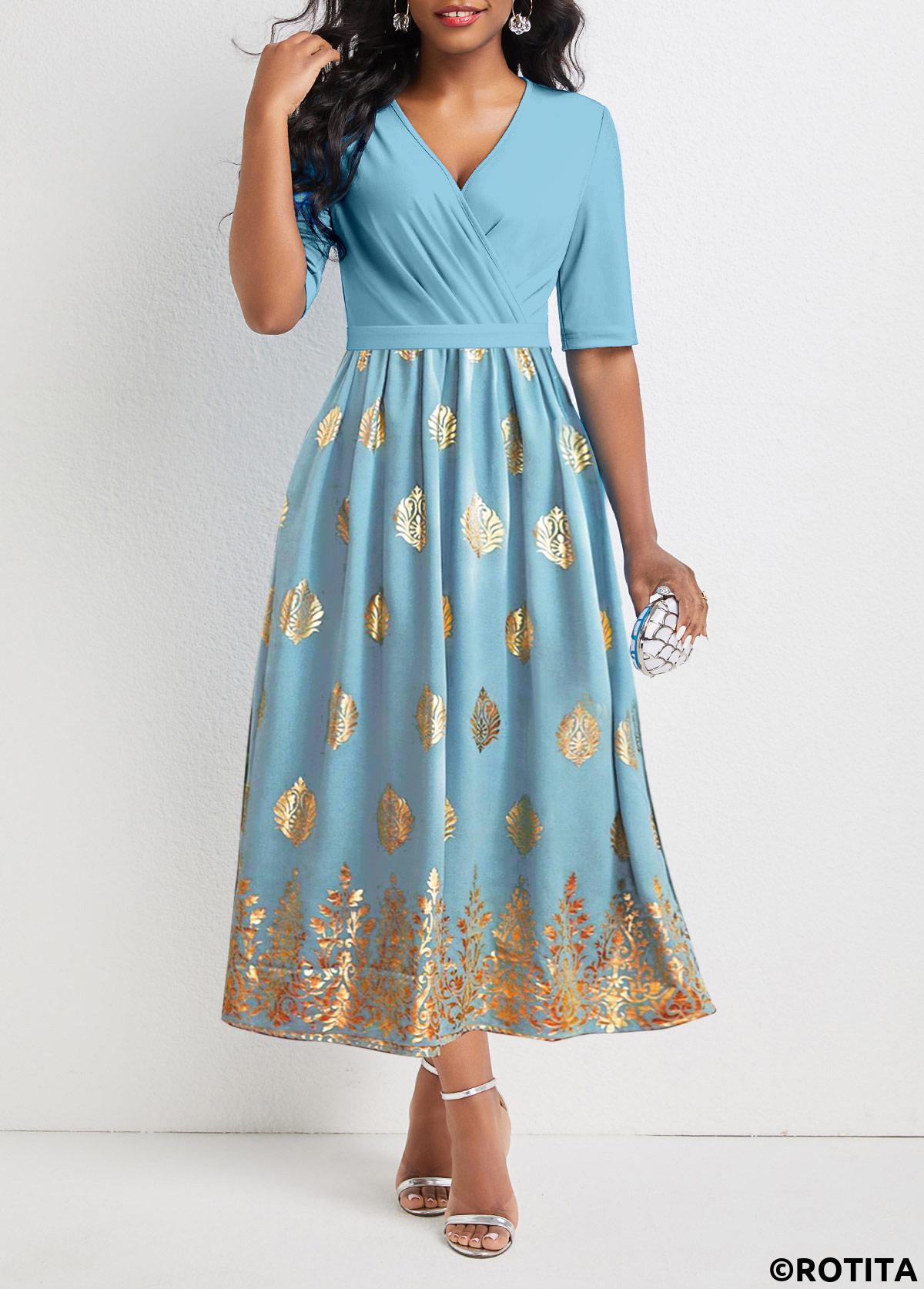 ROTITA Surplice Tribal Print Light Blue V Neck Dress