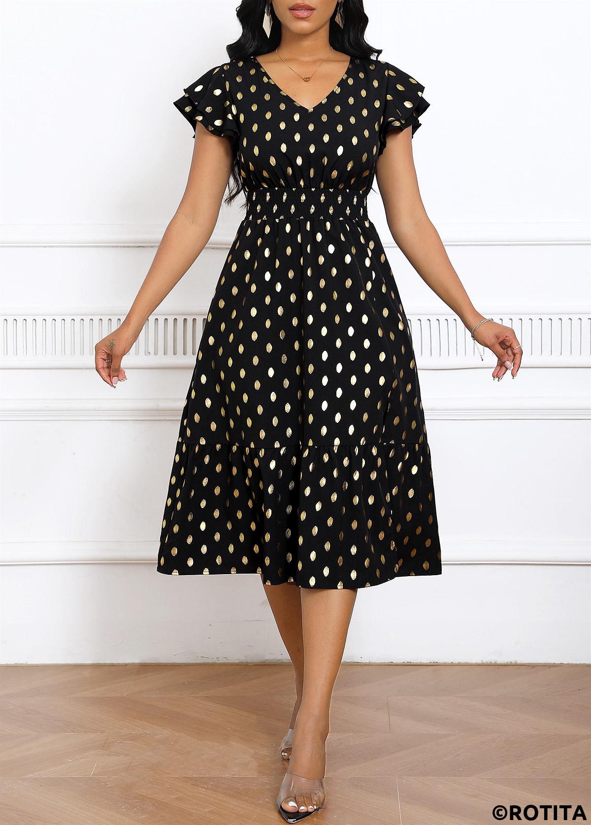 Black dresses,Dot dresses,Party dresses,Elegant dresses,Hot Stamping Polka Dot Black V Neck Dress