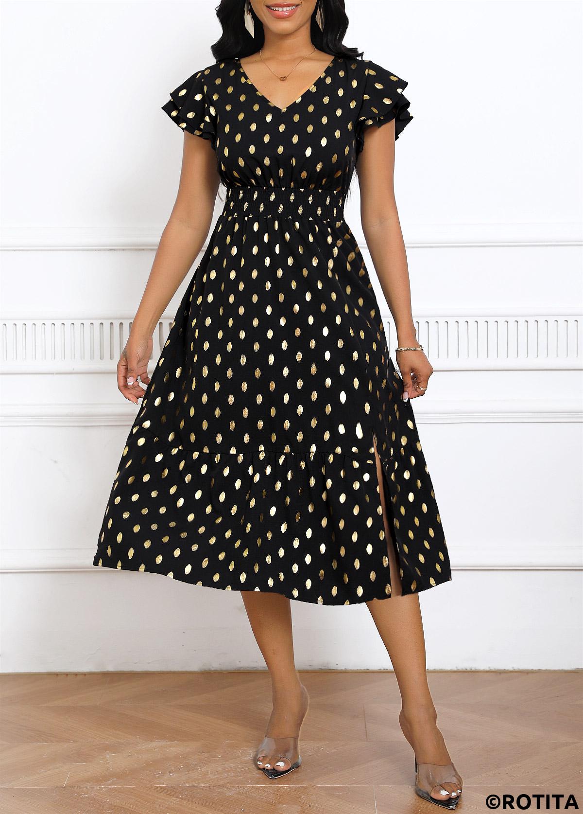 Black dresses,Dot dresses,Party dresses,Elegant dresses,Hot Stamping Polka Dot Black V Neck Dress