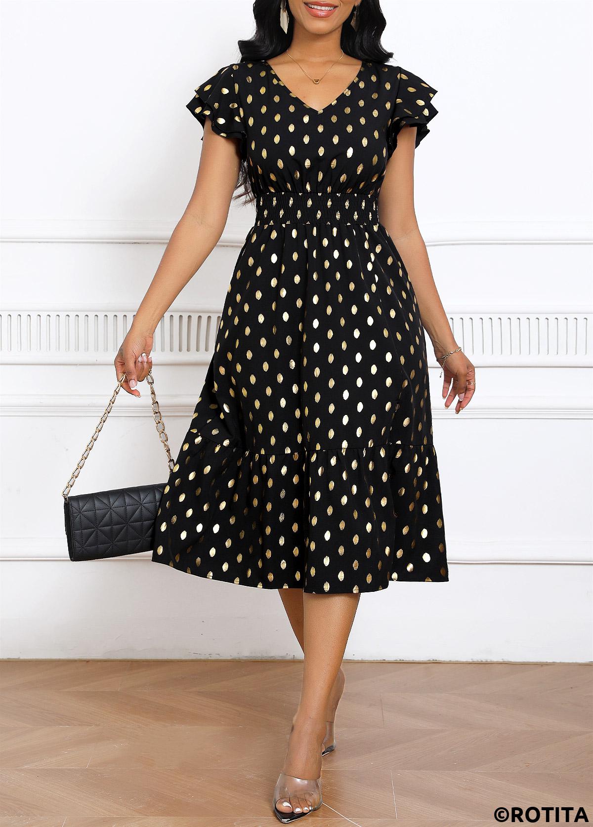 Black dresses,Dot dresses,Party dresses,Elegant dresses,Hot Stamping Polka Dot Black V Neck Dress
