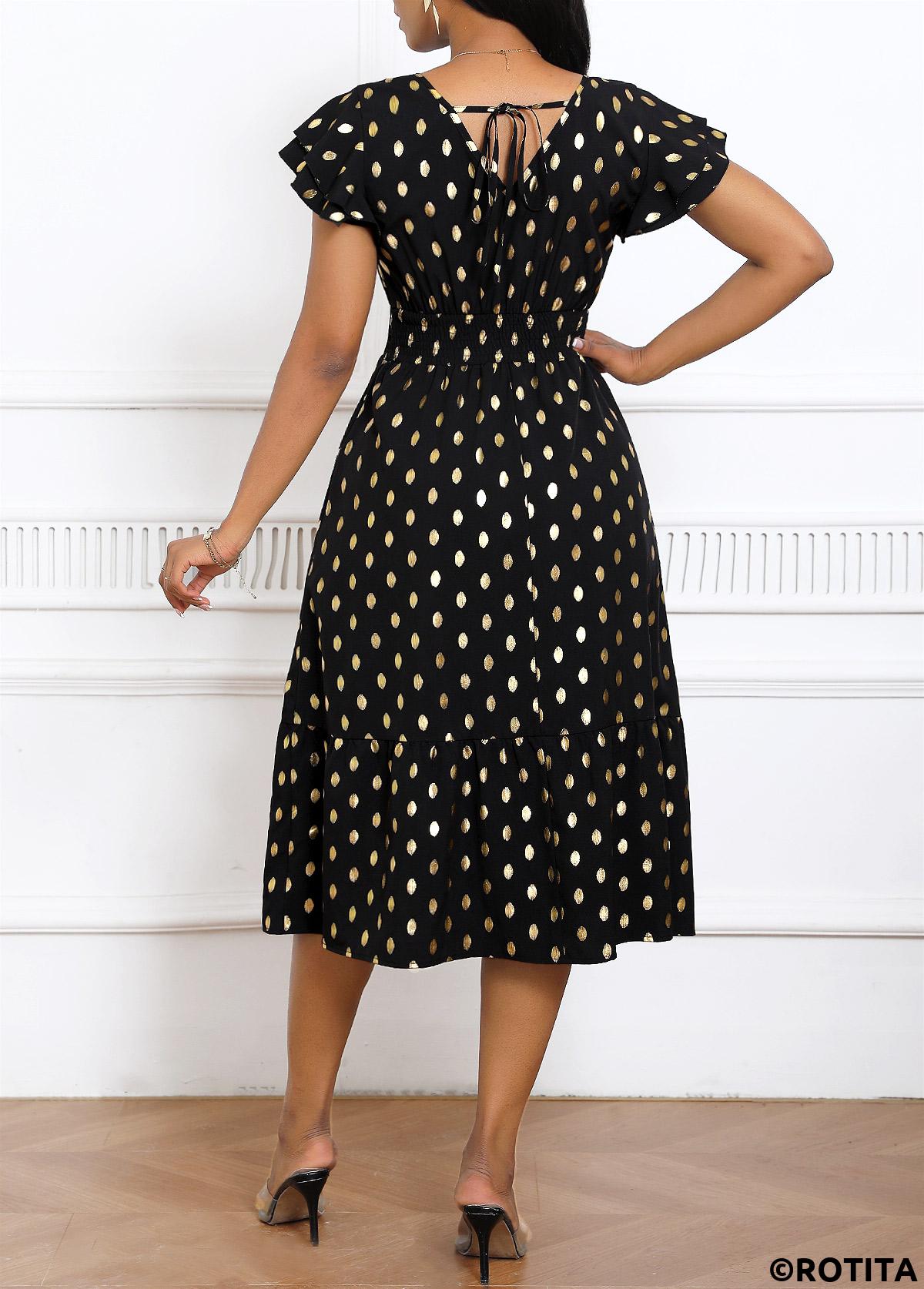 Black dresses,Dot dresses,Party dresses,Elegant dresses,Hot Stamping Polka Dot Black V Neck Dress