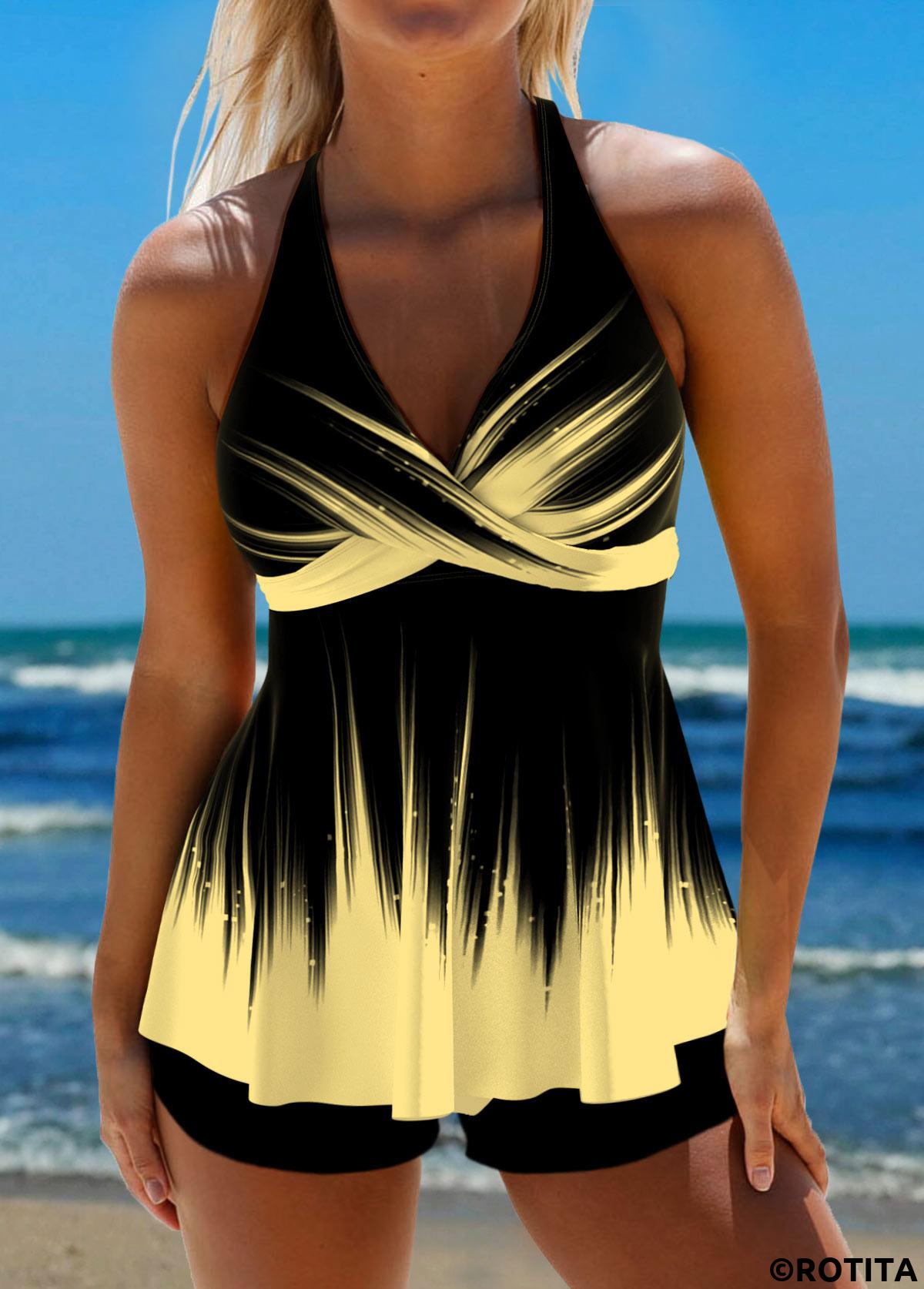Light Yellow swimwear,Ombre swimwear,Striped swimwear,Geometric swimwear,ROTITA Surplice Tie Back Light Yellow Ombre Tankini Top