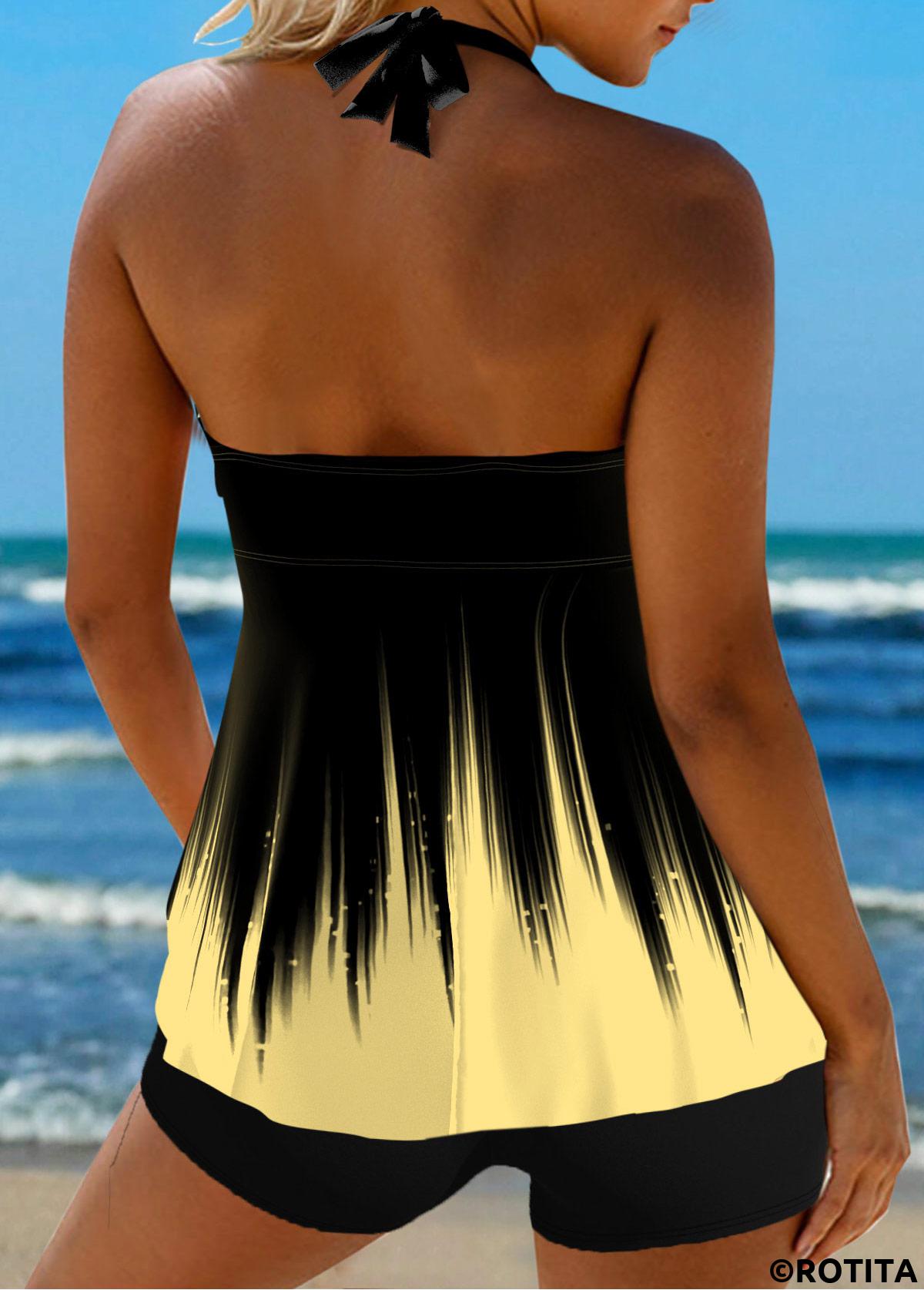 Light Yellow swimwear,Ombre swimwear,Striped swimwear,Geometric swimwear,ROTITA Surplice Tie Back Light Yellow Ombre Tankini Top
