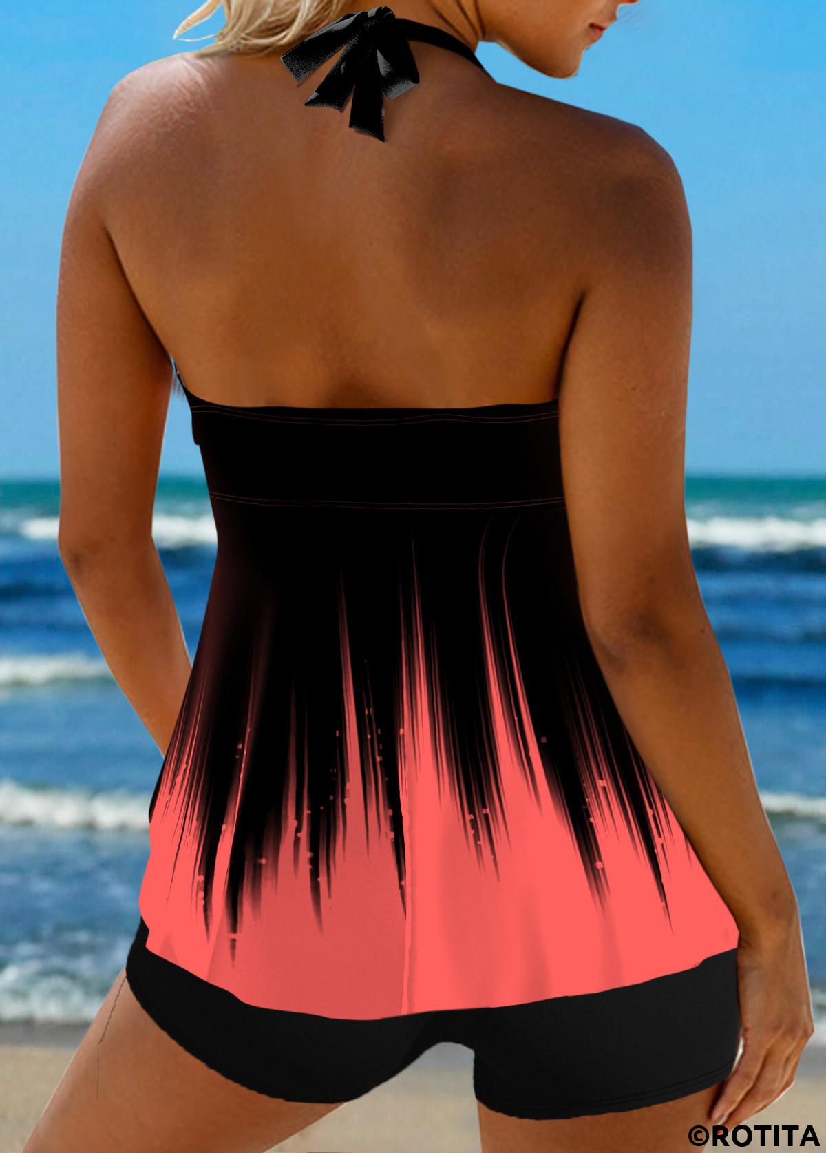 Coral swimwear,Ombre swimwear,Striped swimwear,Geometric swimwear,ROTITA Surplice Tie Back Coral Ombre Tankini Top