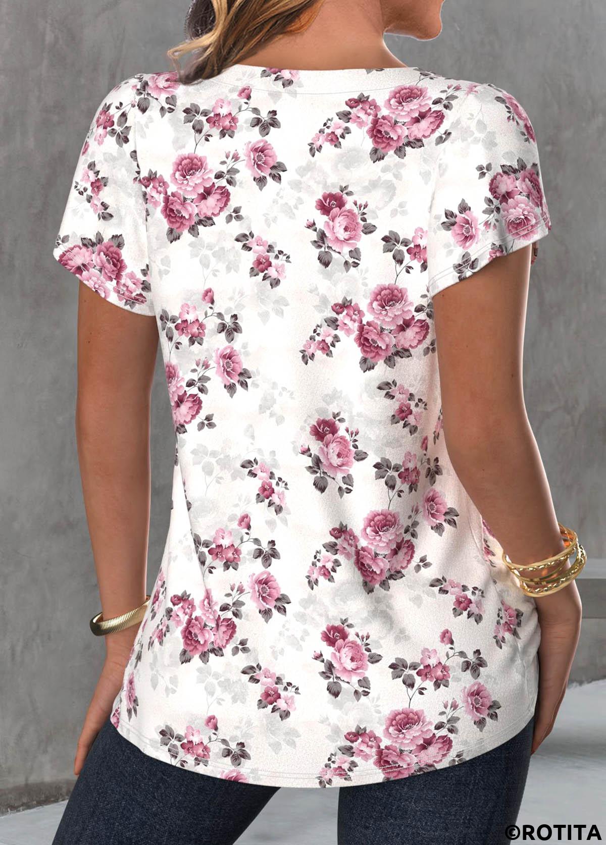 White tops,Floral tops,Plants tops,ROTITA Button Floral Print White Square Neck T Shirt