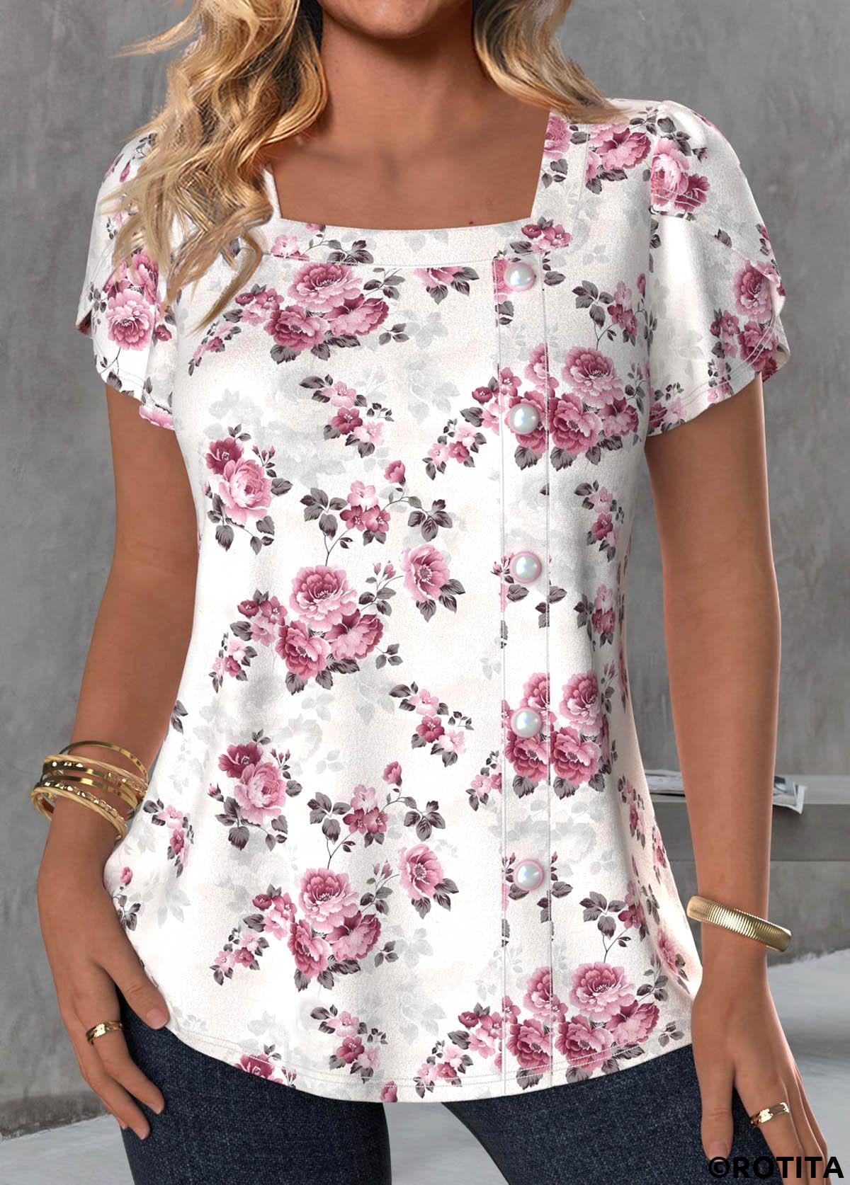 White tops,Floral tops,Plants tops,ROTITA Button Floral Print White Square Neck T Shirt