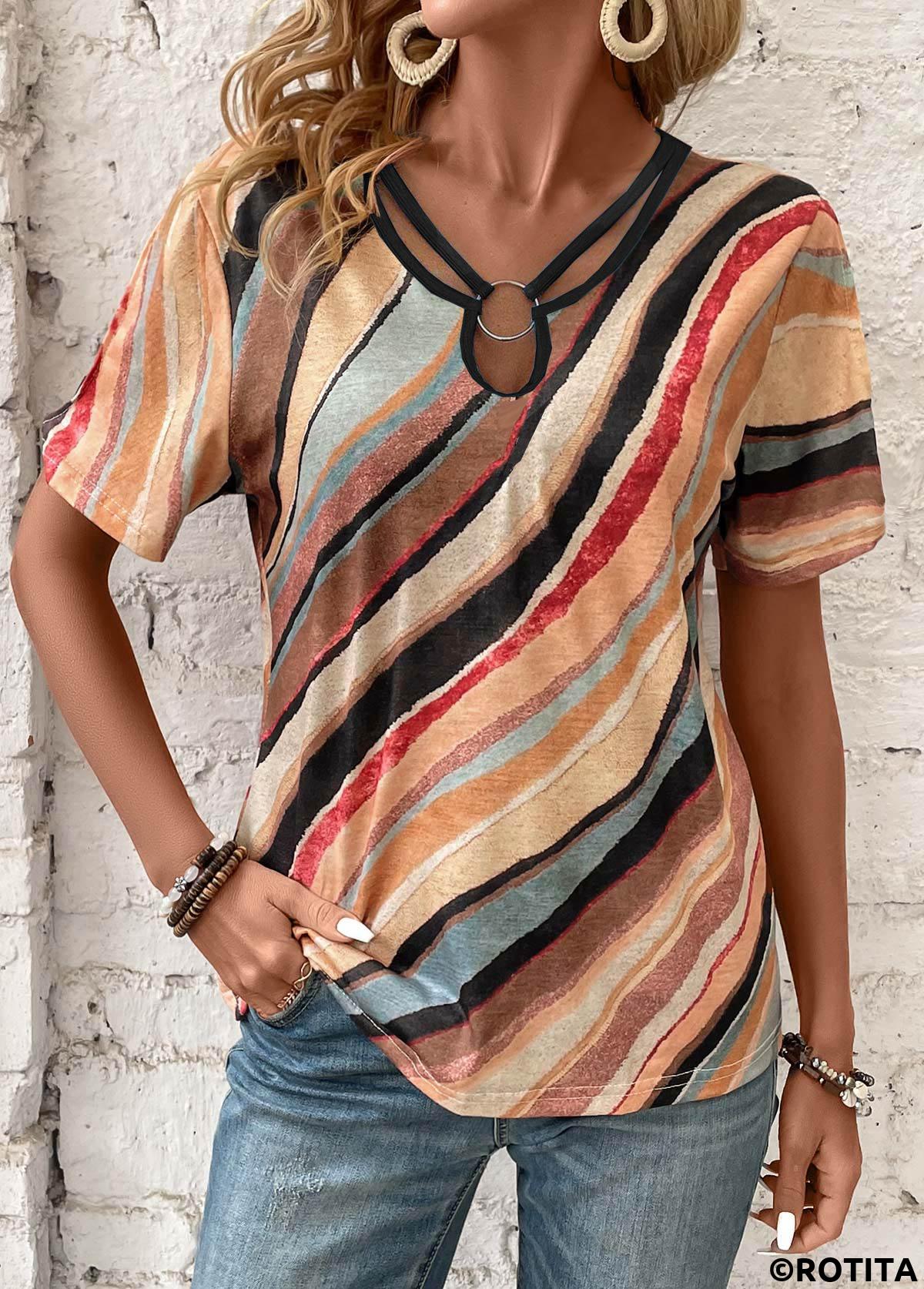 ROTITA Cut Out Geometric Print Multi Color T Shirt
