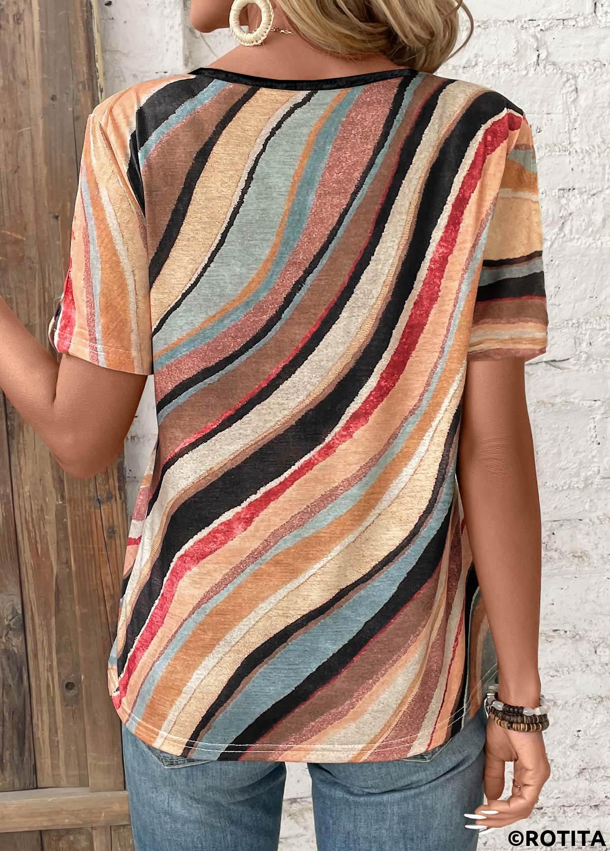 ROTITA Cut Out Geometric Print Multi Color T Shirt