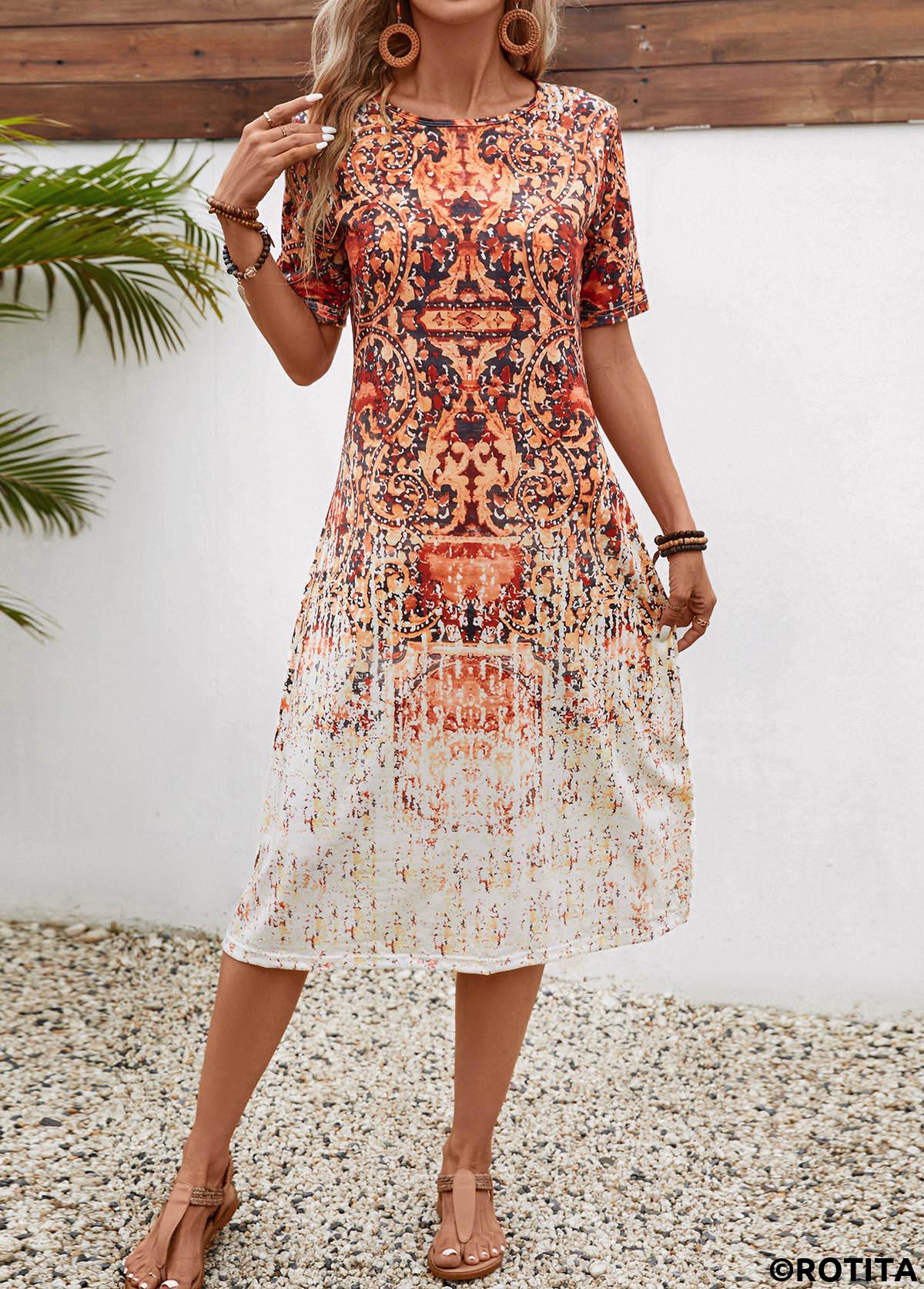 robe trapèze rouge brique légère à imprimé tribal