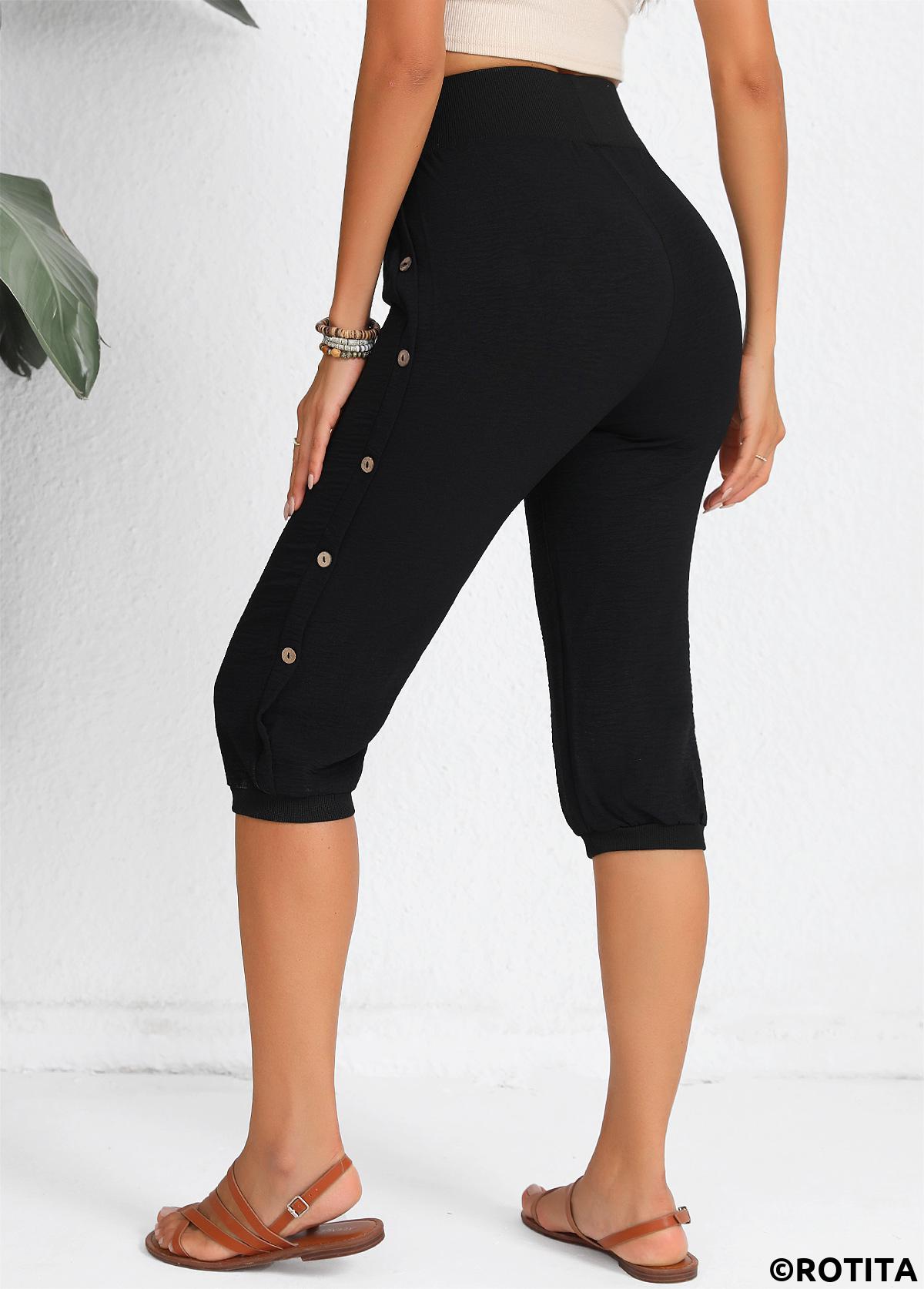 Button Black Jogger Elastic Waist High Waisted Pants