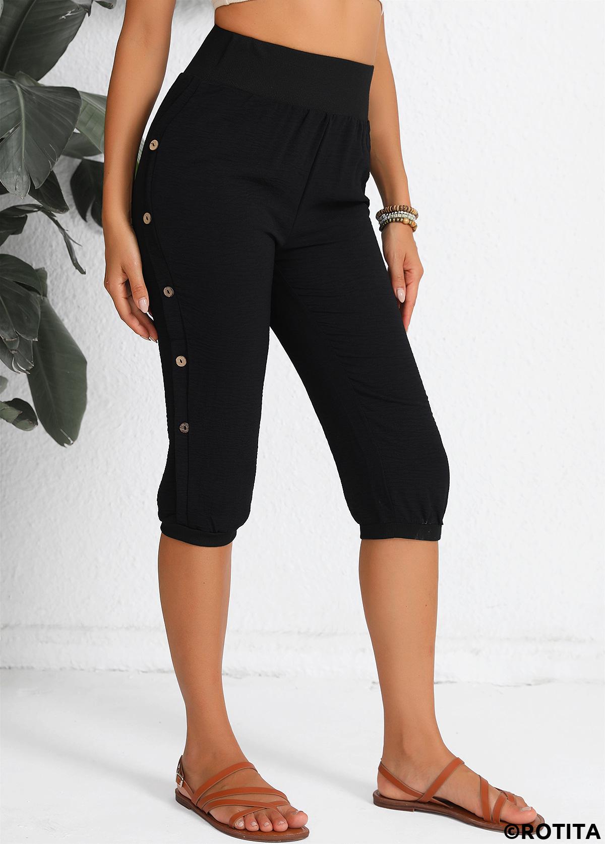 Button Black Jogger Elastic Waist High Waisted Pants