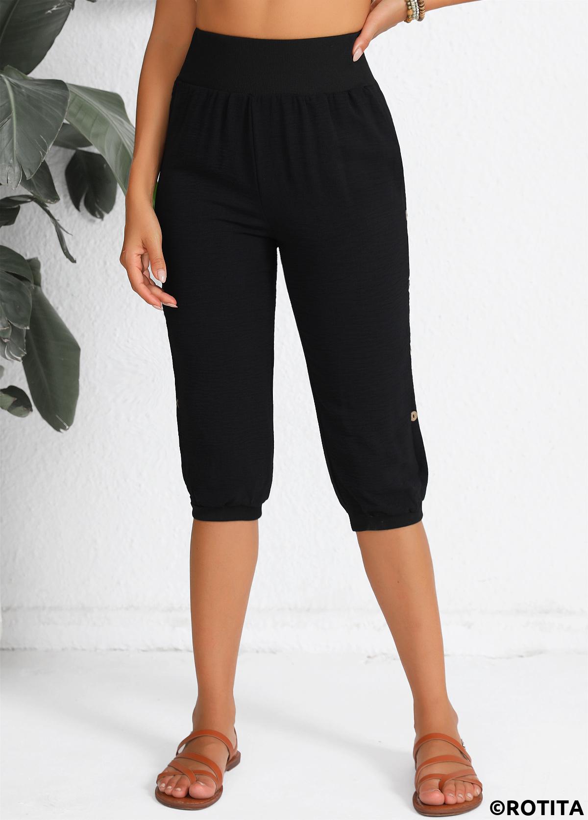 Button Black Jogger Elastic Waist High Waisted Pants