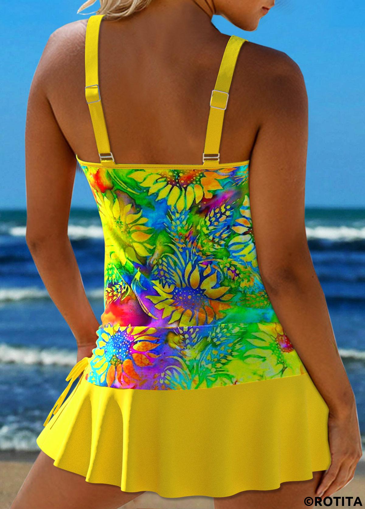 Yellow swimwear,Floral swimwear,Plants swimwear,ROTITA Circular Ring Yellow Floral Print Tankini Set
