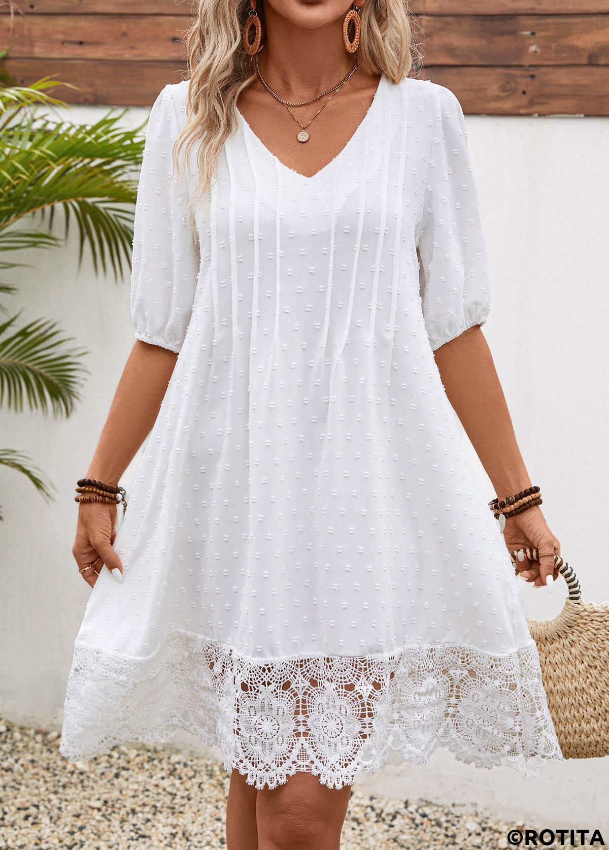 White dresses,Plain Color dresses,Vacation dresses,Vacation dresses,Lace White V Neck Half Sleeve Shift Dress