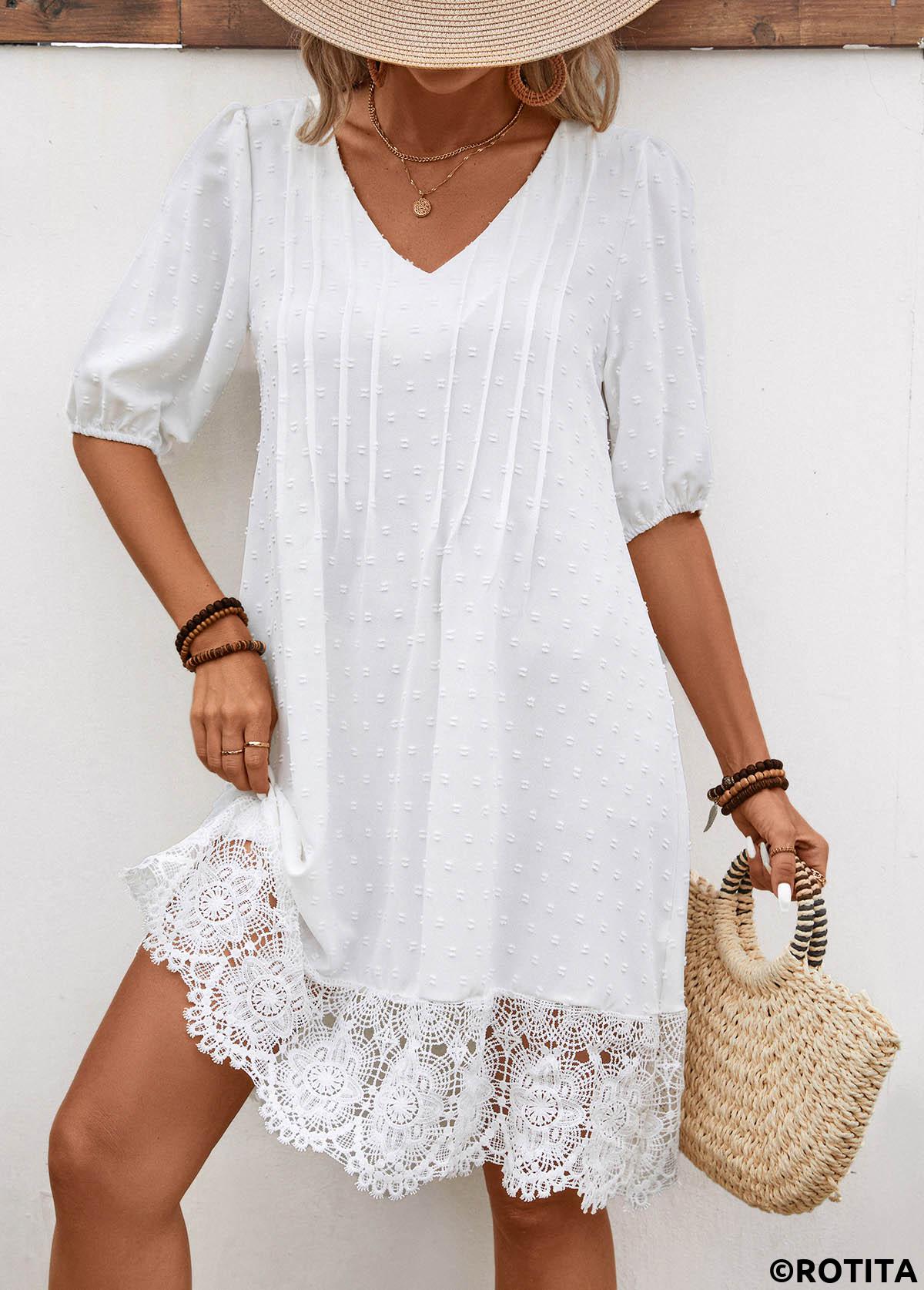 White dresses,Plain Color dresses,Vacation dresses,Vacation dresses,Lace White V Neck Half Sleeve Shift Dress