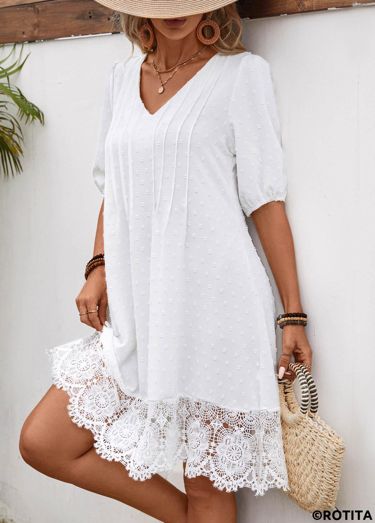 White dresses,Plain Color dresses,Vacation dresses,Vacation dresses,Lace White V Neck Half Sleeve Shift Dress