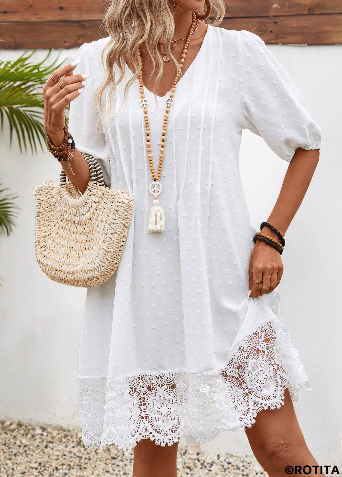 White dresses,Plain Color dresses,Vacation dresses,Vacation dresses,Lace White V Neck Half Sleeve Shift Dress